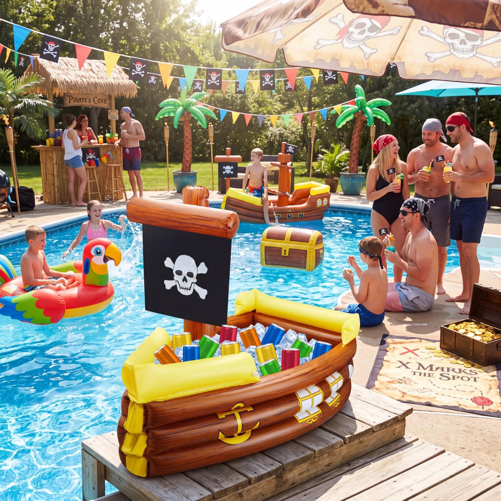 Cunhill 2 pezzi gonfiabile pirata nave dispositivo di raffreddamento gonfiabile per Halloween nave pirata per cibo bevande servire bar pirata decorazioni festa compleanno piscina forniture
