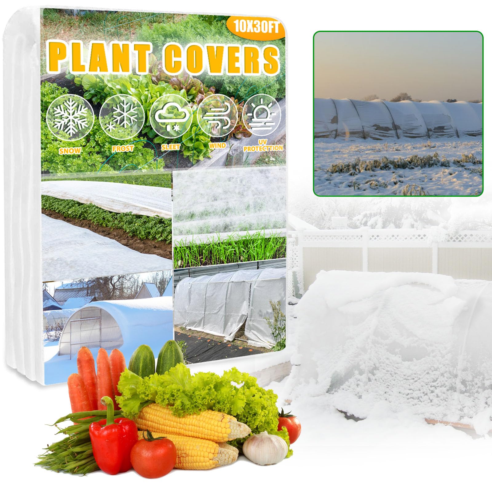 Photo 1 of 10 X 30 Ft Plant Covers Freeze Protection, 1.05 oz/yd2 Frost Blankets with Reusable Frost Cloth Plant Blankets Floating Row Cover for Winter Outdoor Vegetables Plants Raised Bed Greenhouse