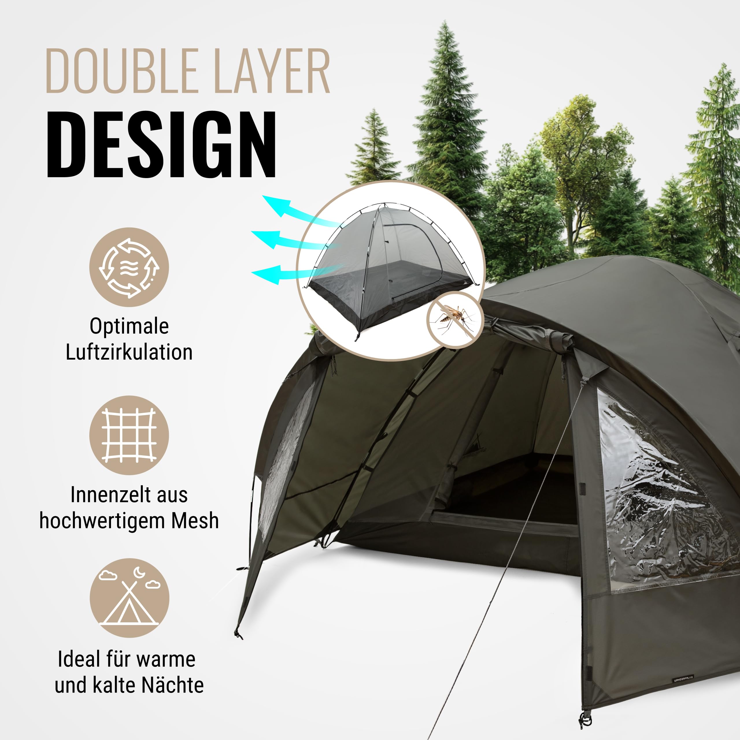 WANDERFALKE® Zelt 2-4 Personen wasserdicht 4.000mm, doppelwandig, leicht & kleines Packmaß, 2-4 Mann Zelt, Campingzelt mit Vorzelt, Familienzelt, Outdoor Zelte für Camping, Reise, Angeln