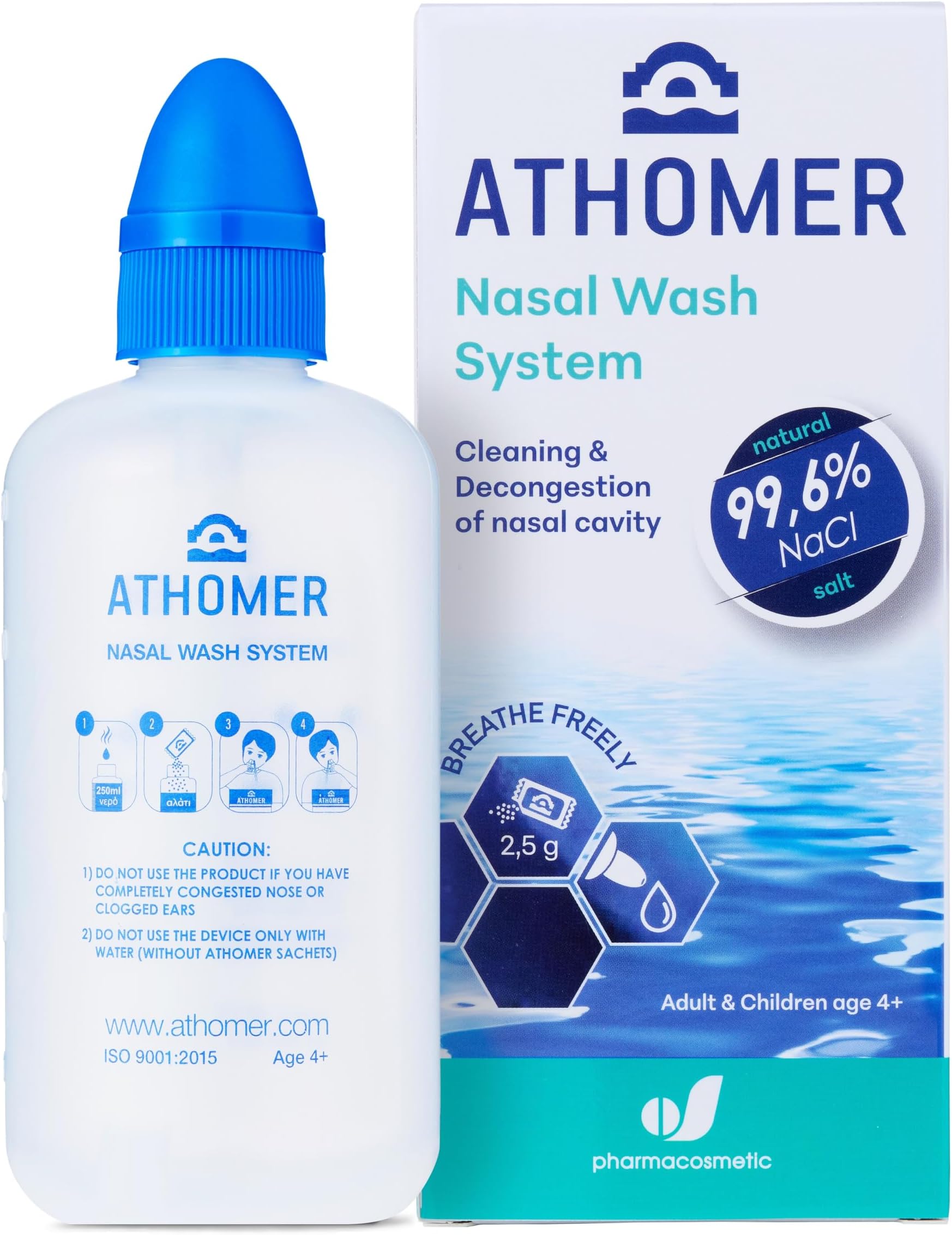 Athomer Nasal Wash - Sinus Rinse Kit - 250ml with 10 Packets of Sea Water Salt - Cleans and Decongests the Nasal Cavity - Moisturizing Nasal Sprayer for Adult and Kid (250ml)