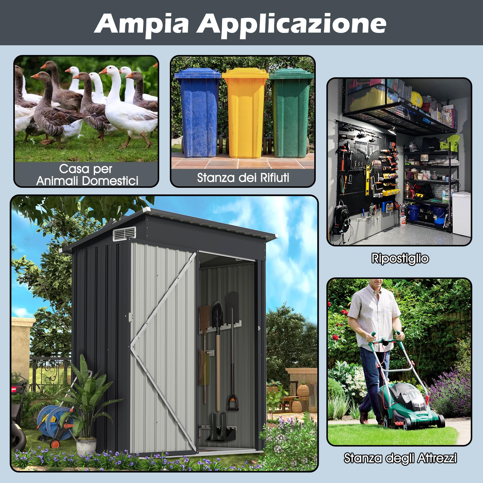 RELAX4LIFE Casetta da Giardino per Attrezzi,150x88x185 cm in Lamiera d'Acciaio e e Lamiera Zincata con Doppie Porte, Tetto Inclinato, per Porta Attrezzi, Tosaerba, 2 Paia di Guanti (GRIGIO 2)