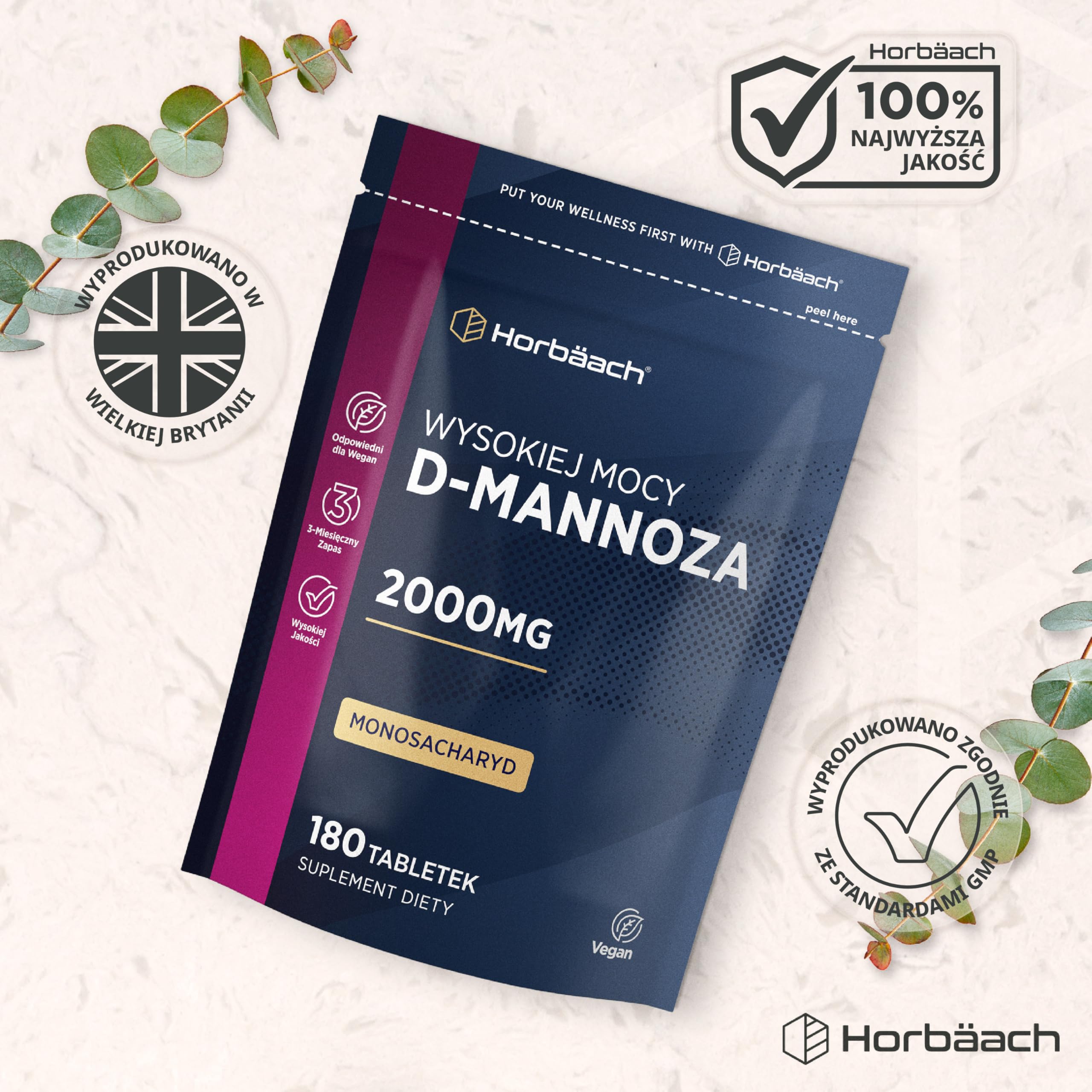 D-Mannoza Tabletki 2000mg | 180 Tabletek Wegańskich (Zapas na 3 Miesiące) | Suplement Diety o Wysokiej Mocy dla Kobiet i Mężczyzn | marki Horbaach