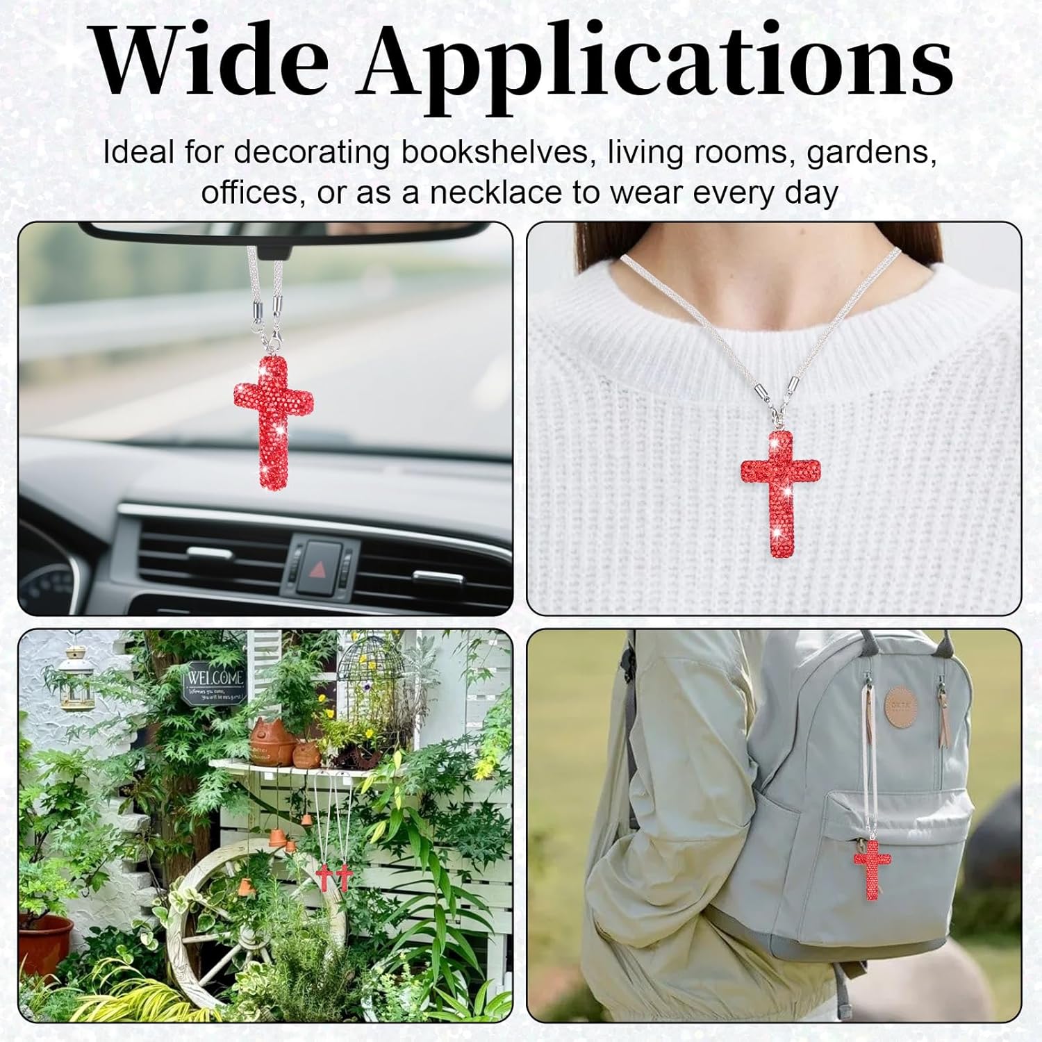 Cross for Car Mirror Hanging, Bling Cars Pendant Charm, Double-Sided Diamond Christian Cross Rearview Mirror Accessories, Car Accessories for Women (Red) - Image 7