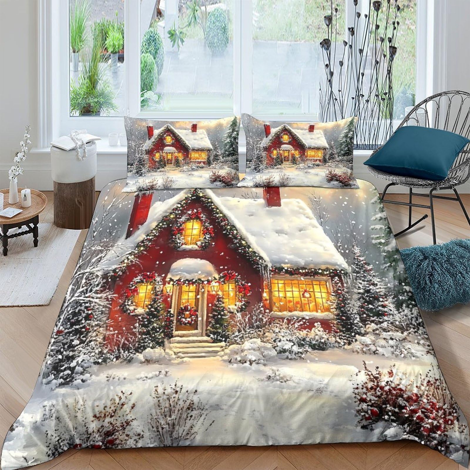 Ctjqhvkz Style-4 3D Printed Winter Cabin Fitted Sheet Microfiber Cozy Snow Landscape Bed Cover For Bedroom Guest Room Decor Single（135X200cm）