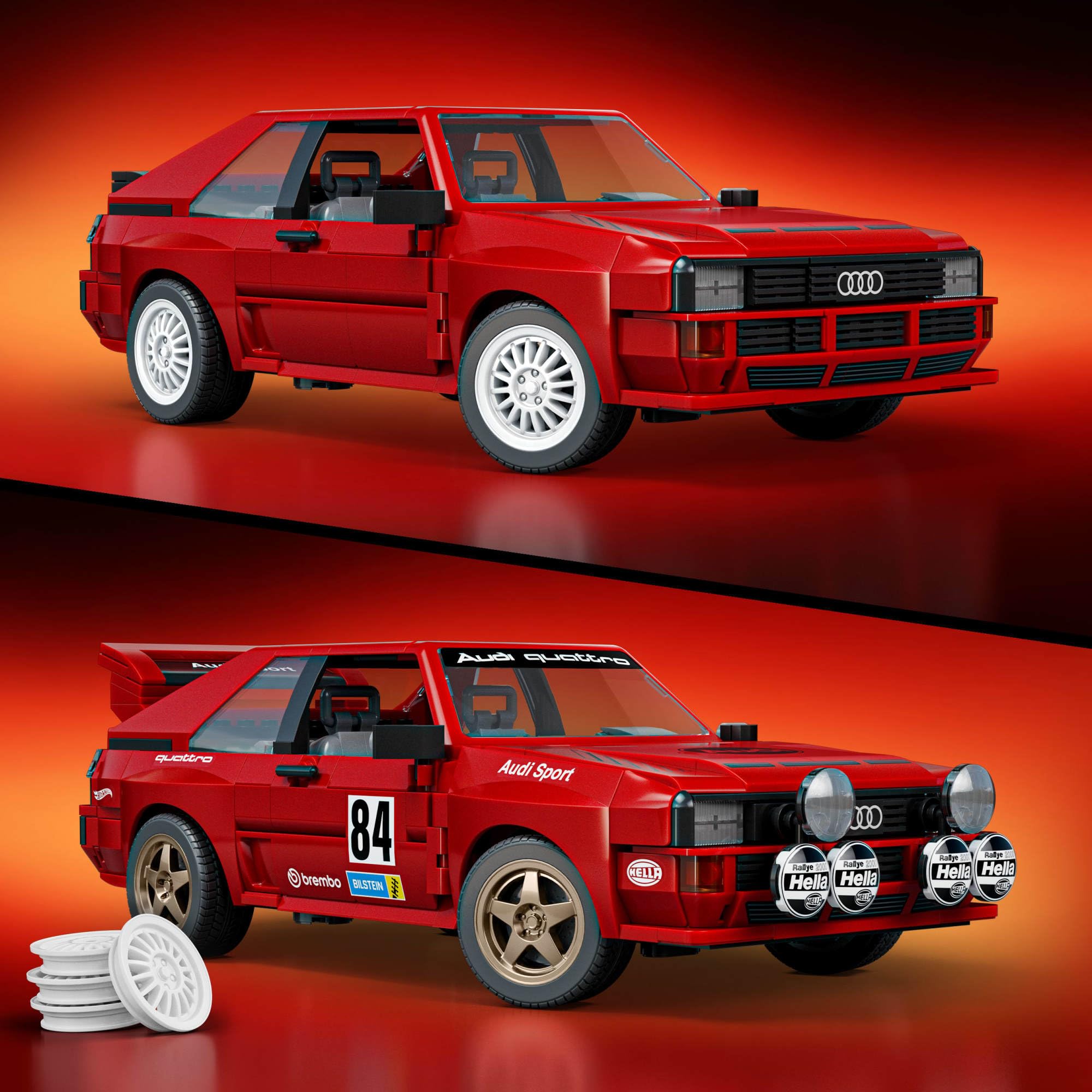 Mattel Brick Shop Hot Wheels Elite Series ’84 Audi Sport Quattro Klocki | Samochód do zbudowania, realistyczne detale i wyjątkowe naklejki, zestaw konstrukcyjny dla kolekcjonerów i dzieci 10+, JLK39