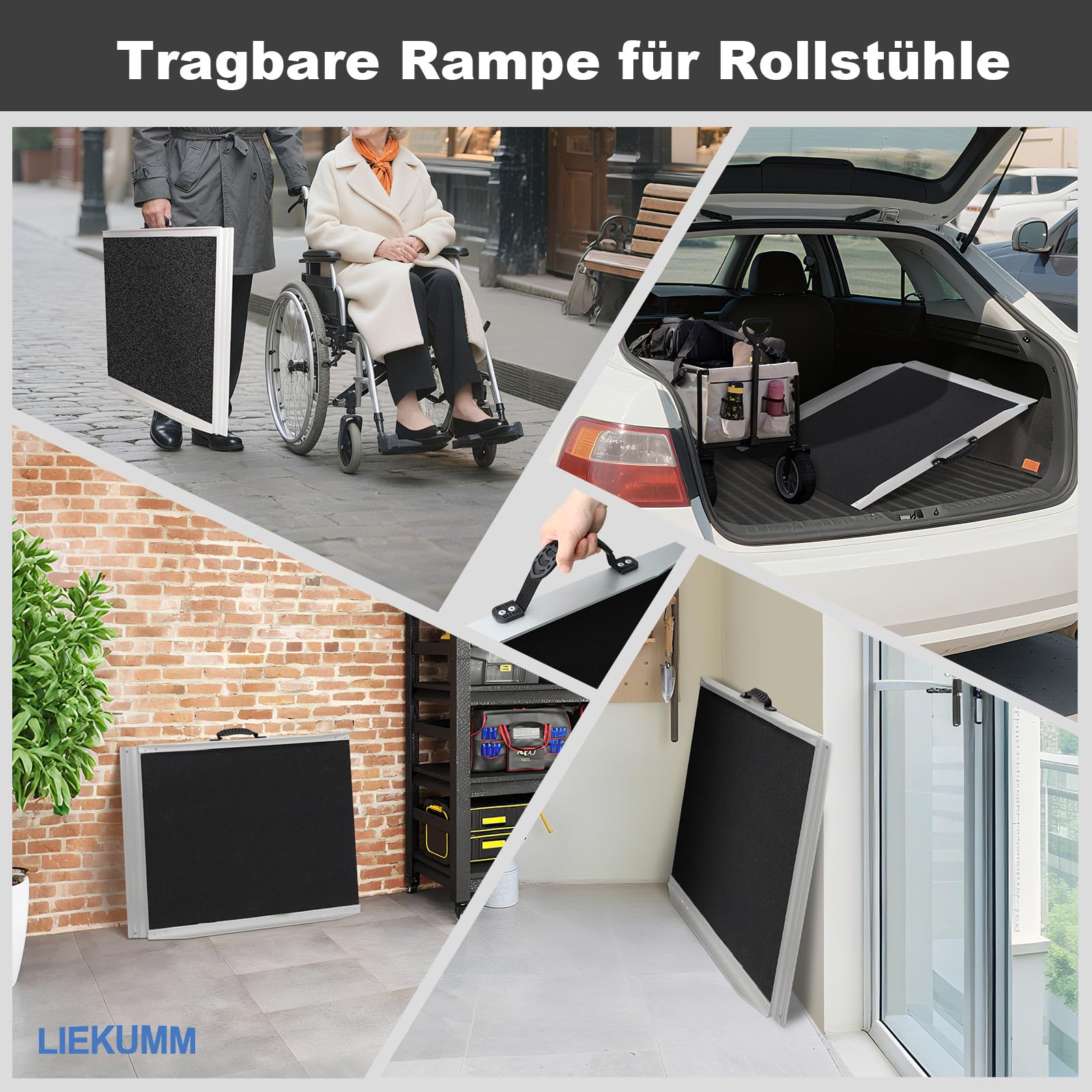 LIEKUMM 91 x 73 cm Rampa dla wózków inwalidzkich, 300 kg nośności, aluminiowa rampa dla wózka inwalidzkiego, rampa progowa do domu, stopnie, przenośna rampa do wózka inwalidzkiego, skuteru, wózka