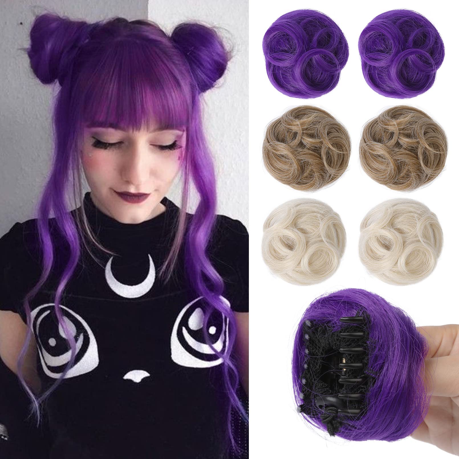 REECHO 2 PCS Mini Claw Clip in Messy & Cat Ears Hair Bun Extensions Wig Accessory Updo Hairpieces for Women Girls (Pack of 2-3.5" Wavy