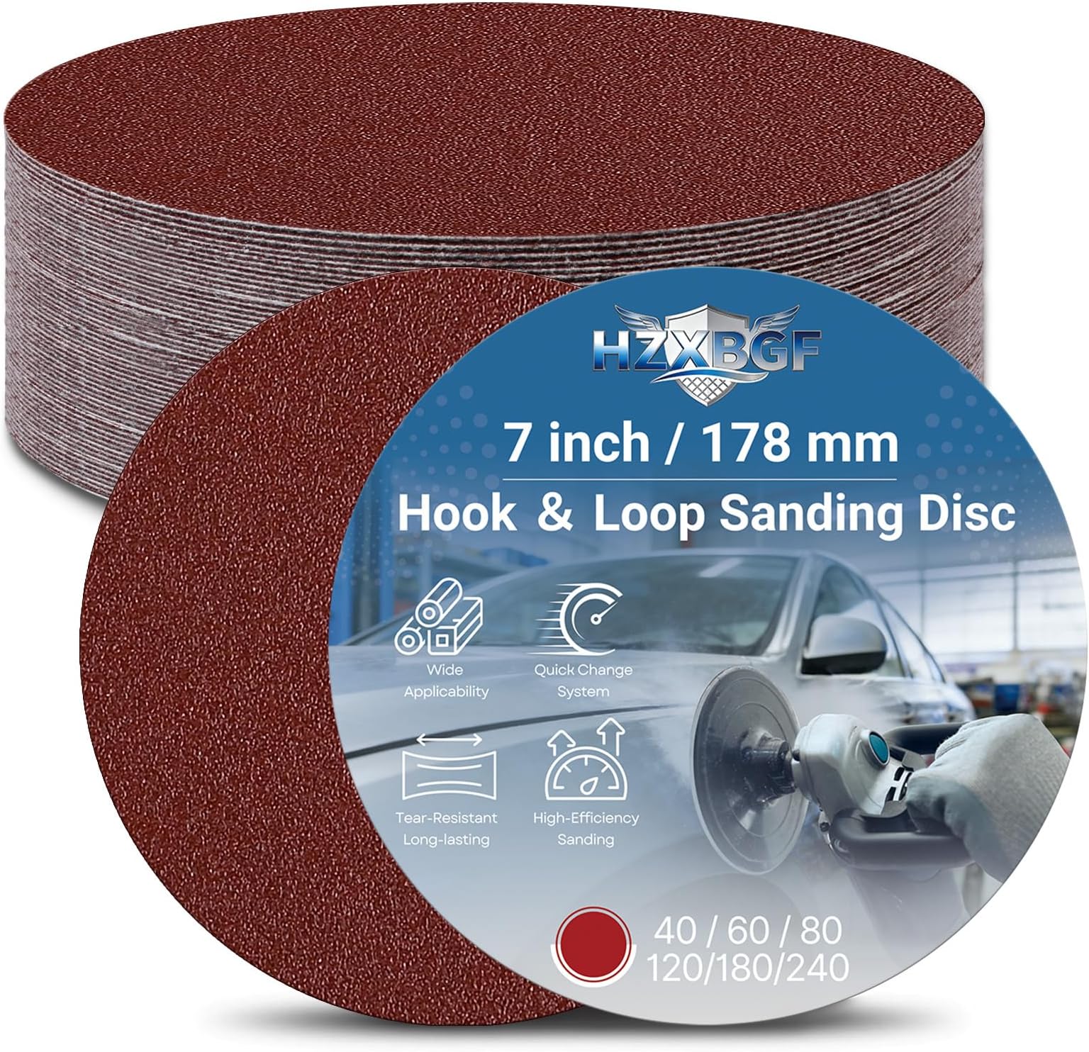 30 Pcs 7 Inch No-Hole Sanding Discs Set, Hook and Loop Sandpaper, 40 60 80 120 180 240 Grit Sanding Pads for Air Angle Sander, Wood Automotive and Metal Polishing