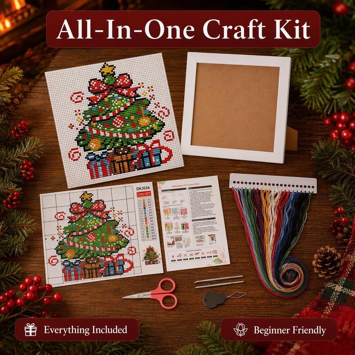 Beginner Christmas Tree Cross Stitch Kit - Framed -2 Beginner Christmas Tree Cross Stitch Kit - Framed -2
