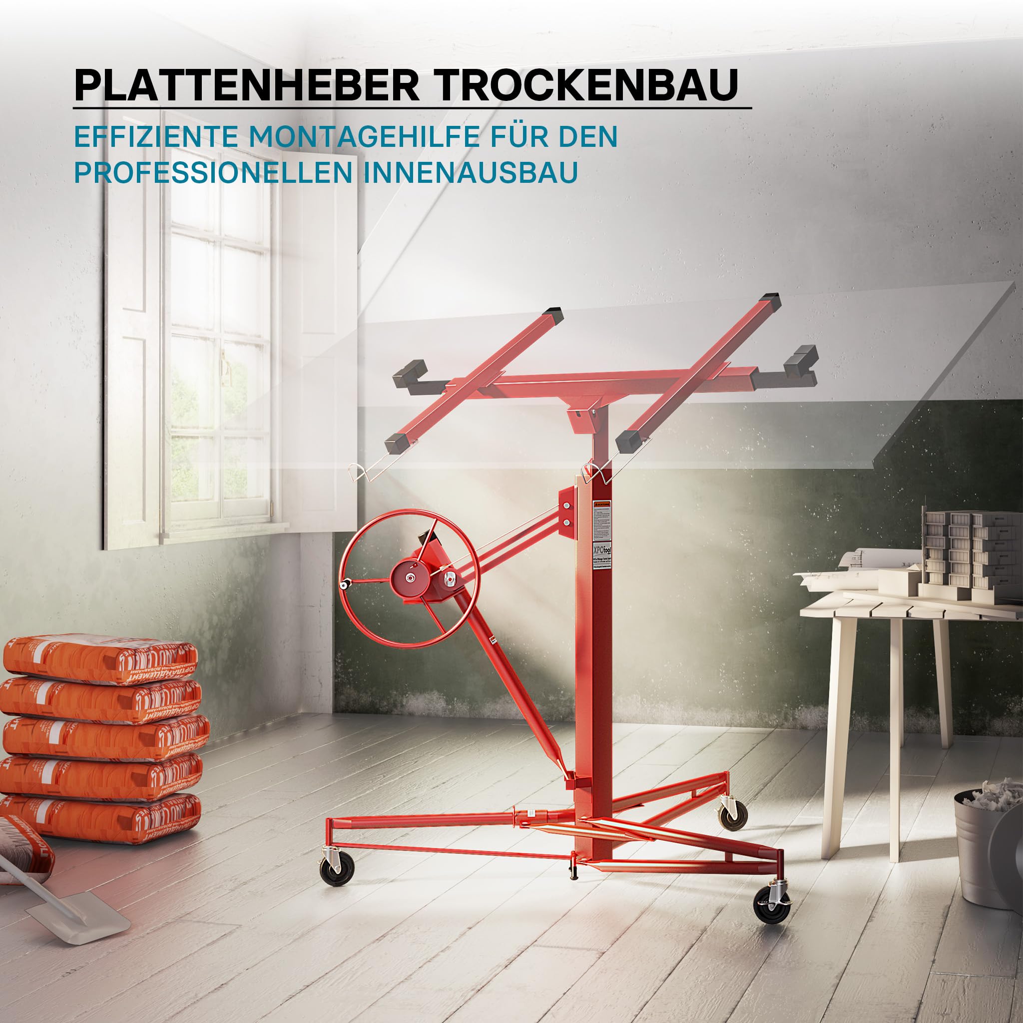 Wiltec SET XXL Plattenheber bis max. 68 kg + 140 cm Verlängerung, Höhe 140-465 cm, max. Breite 2,90 m, Montagehilfe für Trockenbau, Paneelheber mit 3 Rädern, rot