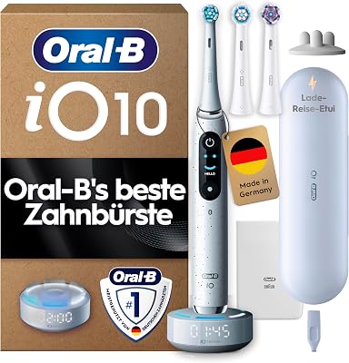 Oral-B iO Series 10 Elektrische Zahnbürste — Electric Toothbrush, Inkl. 3 Aufsteckbürsten, iOSensen, Lade-Reise-Etui — 7 Putzmodi für Zahnpflege, Zahnbürste Elektrisch, Designed by Braun, Weiß