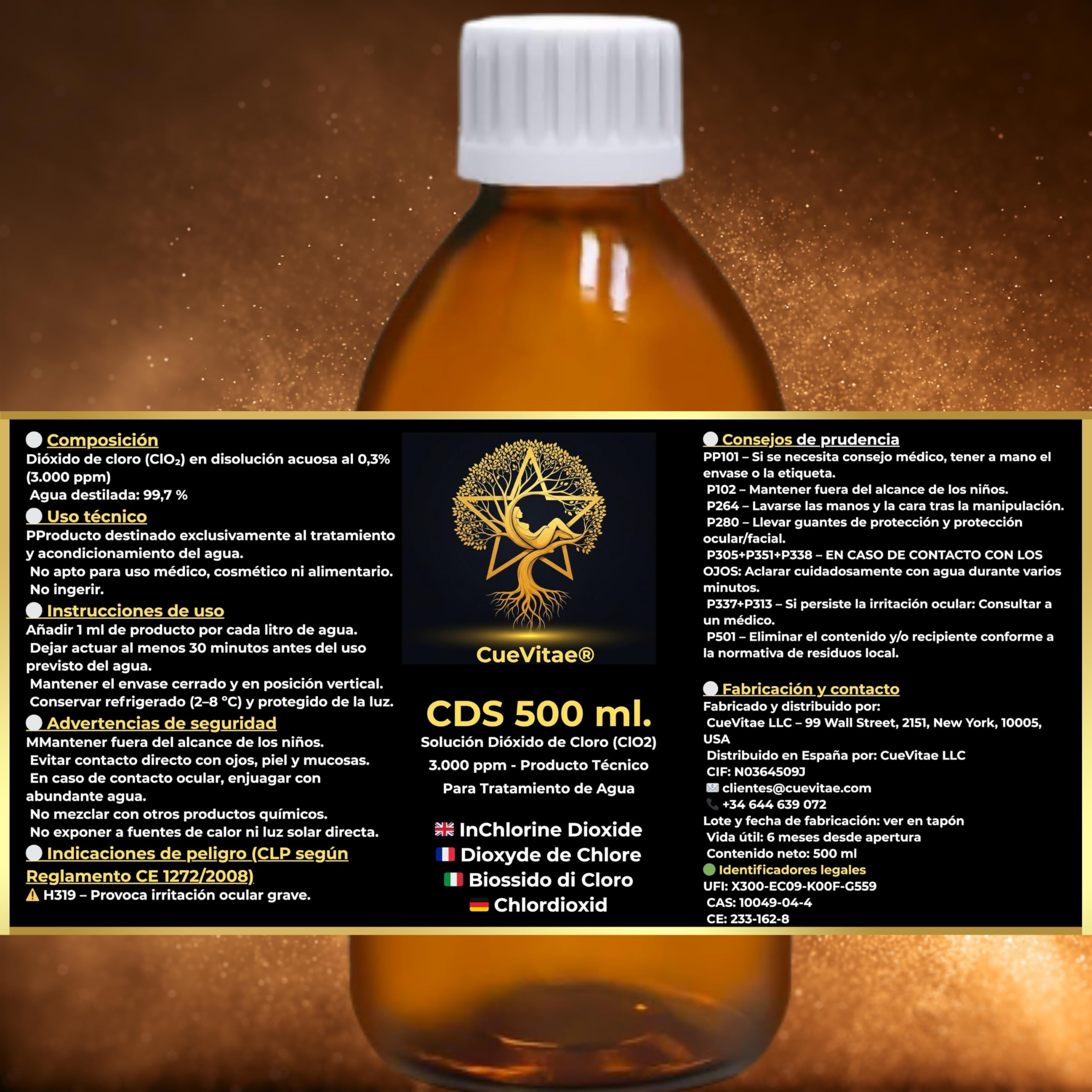 CDS 0,3% Dioxyde de Chlore | 2x500 ml | Lot 2 flacons verre ambré anti-UV avec équipement volumétrique, exclusif traitement d'eau, produit chimique technique.