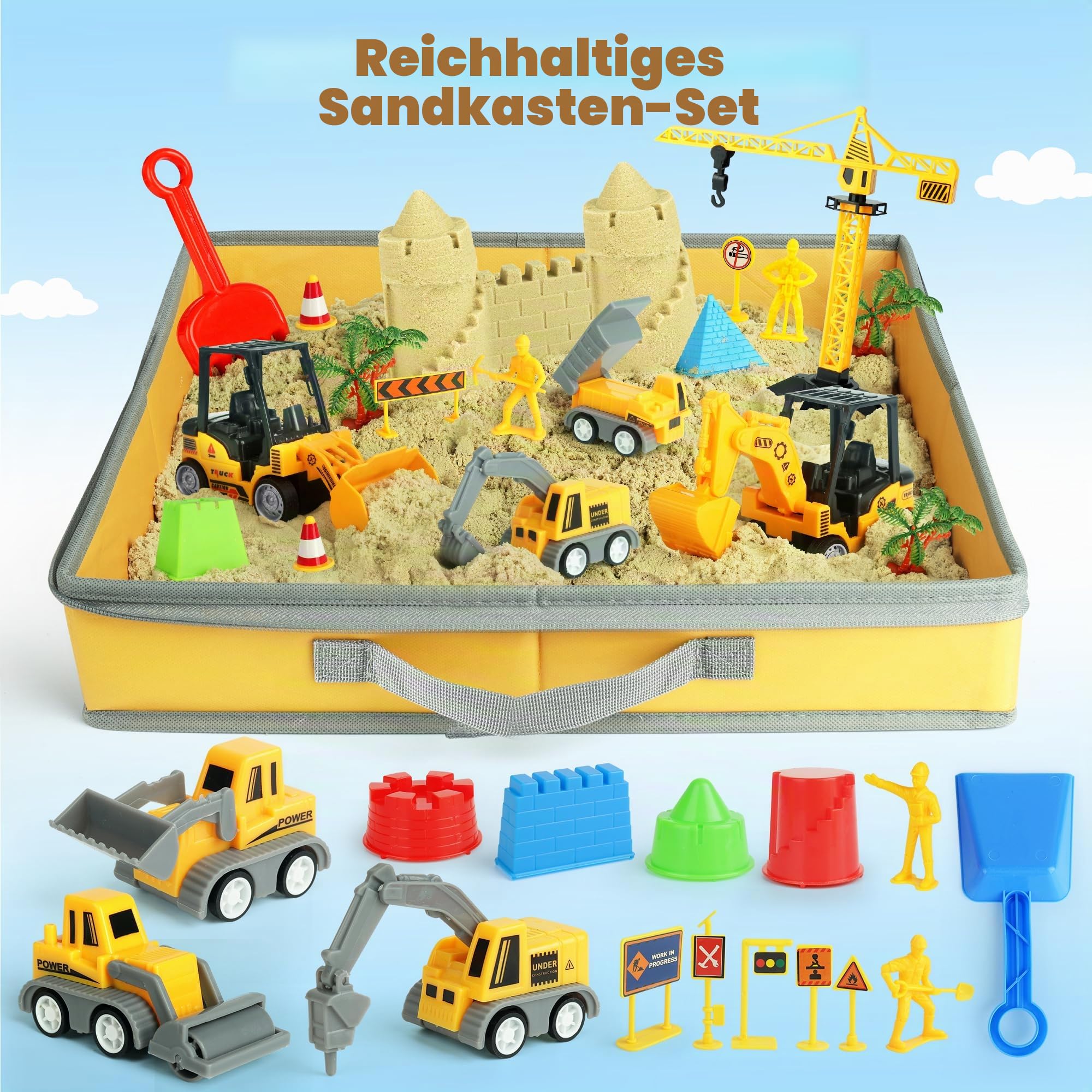 Helsort Baustelle Magic Sand-36 Sandmalerei Spielzeugkit Für 3+ Kinder | 8 Bauwagen, Faltende Sandkästen, 2,2 Pfund Zaubersand, Kraniche, Arbeiter, Straßenschilder, Formen, Schaufeln