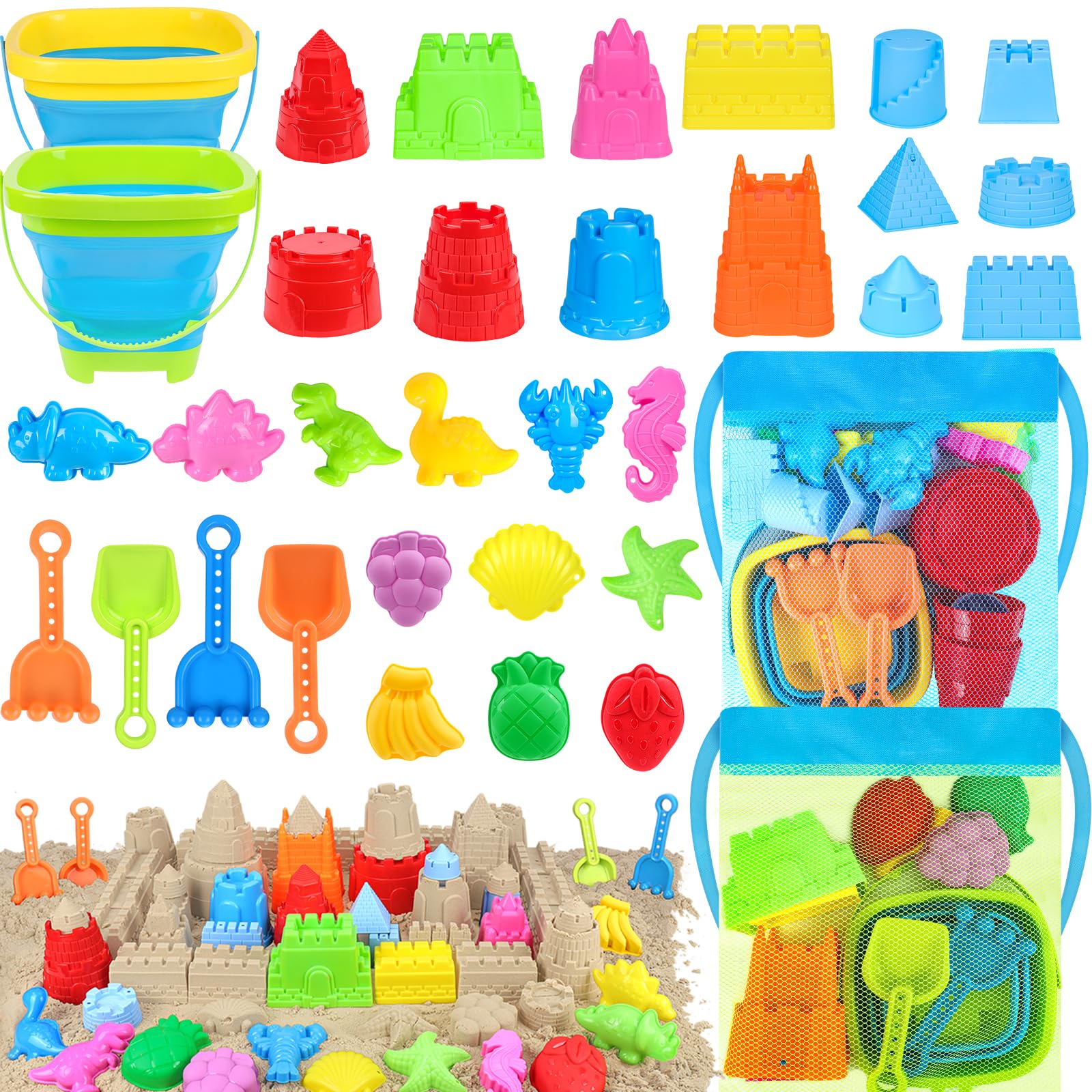 Collapsible Beach Toys Set for Kids Toddlers, Travel Beach Sand Castle Kits with Mesh Bag & Molds, Collapsible Sand Bucket and Shovel Set, Sandbox Toys for Toddlers Kids Age 3-12