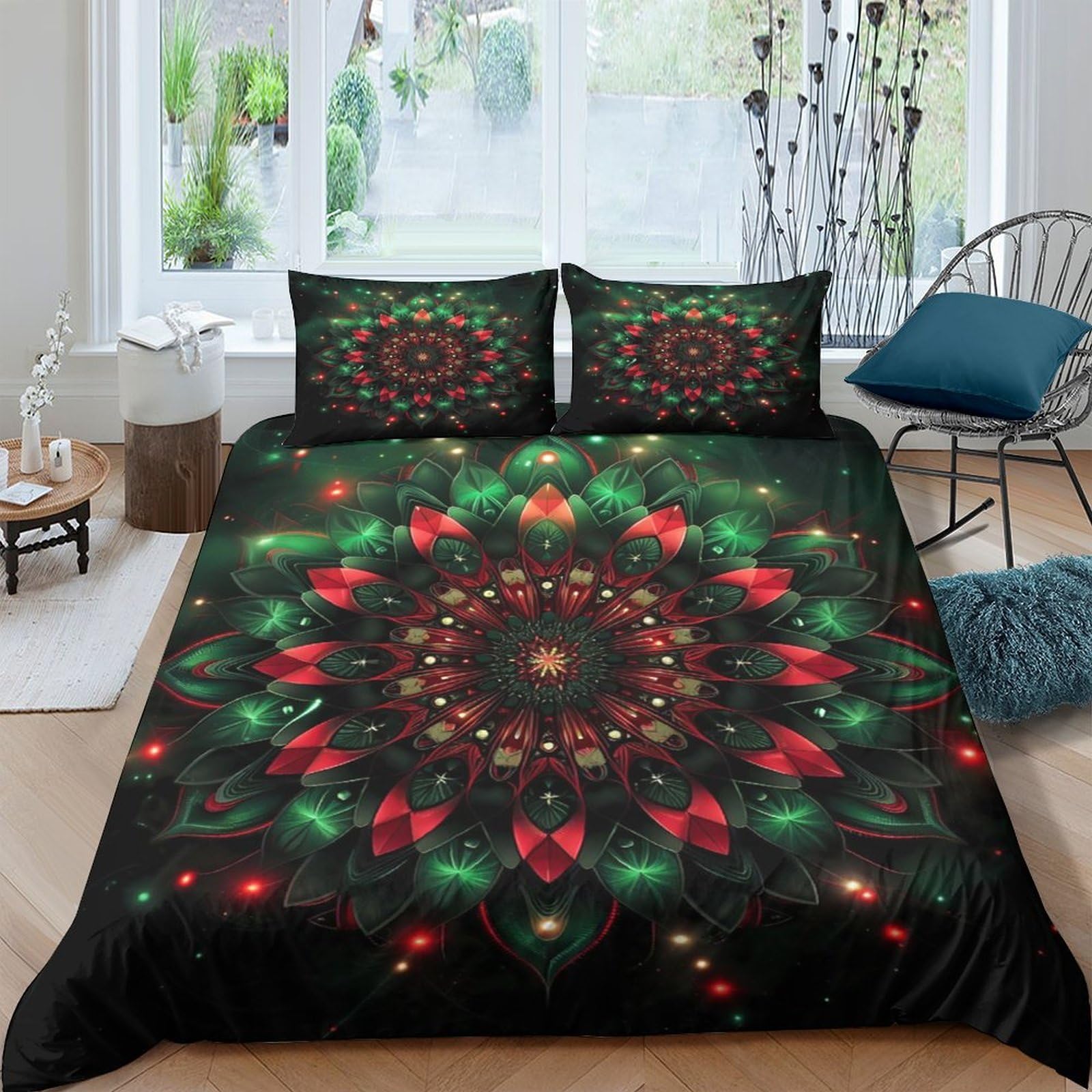 GPLZQXKJNH 3D Printed Mandala Red Green Duvet Cover Microfiber Soft Breathable Kaleidoscope Quilt Cover Set with 2 Pillowcases for Bedroom Home Decor Single（135x200cm）