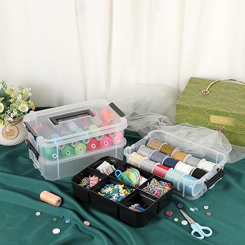 Miniatura 3 de JUXYES Paquete de 2 cajas de almacenamiento apilables de 3 niveles con bandeja dividida, contenedor de almacenamiento apilable transparente con tapa