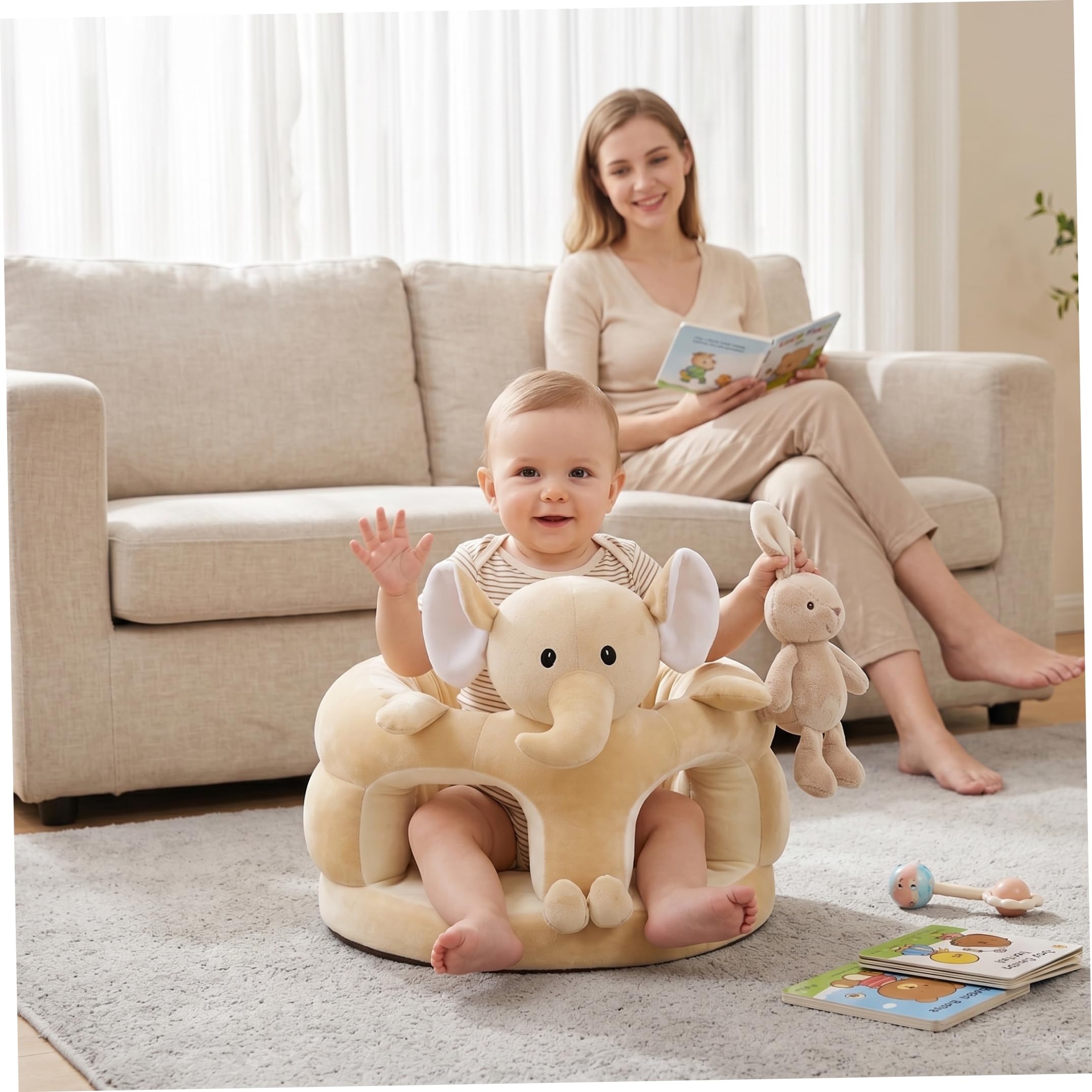 Seggiolino da pavimento per bambini in peluche con elefante carino da 17, 7x17, 7 pollici, morbido per sedersi con supporto stabile