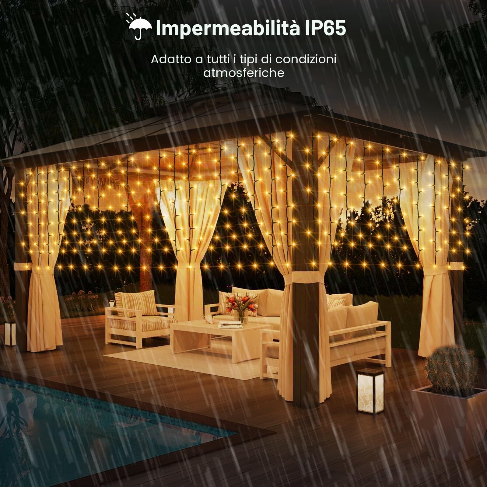 Tenda solare con luci 10 m x 1 m, 500 LED, con telecomando 8 modalità | Filo verde con luci per tenda da giardino, patio, recinzione, gazebo, decorazione (bianco caldo)