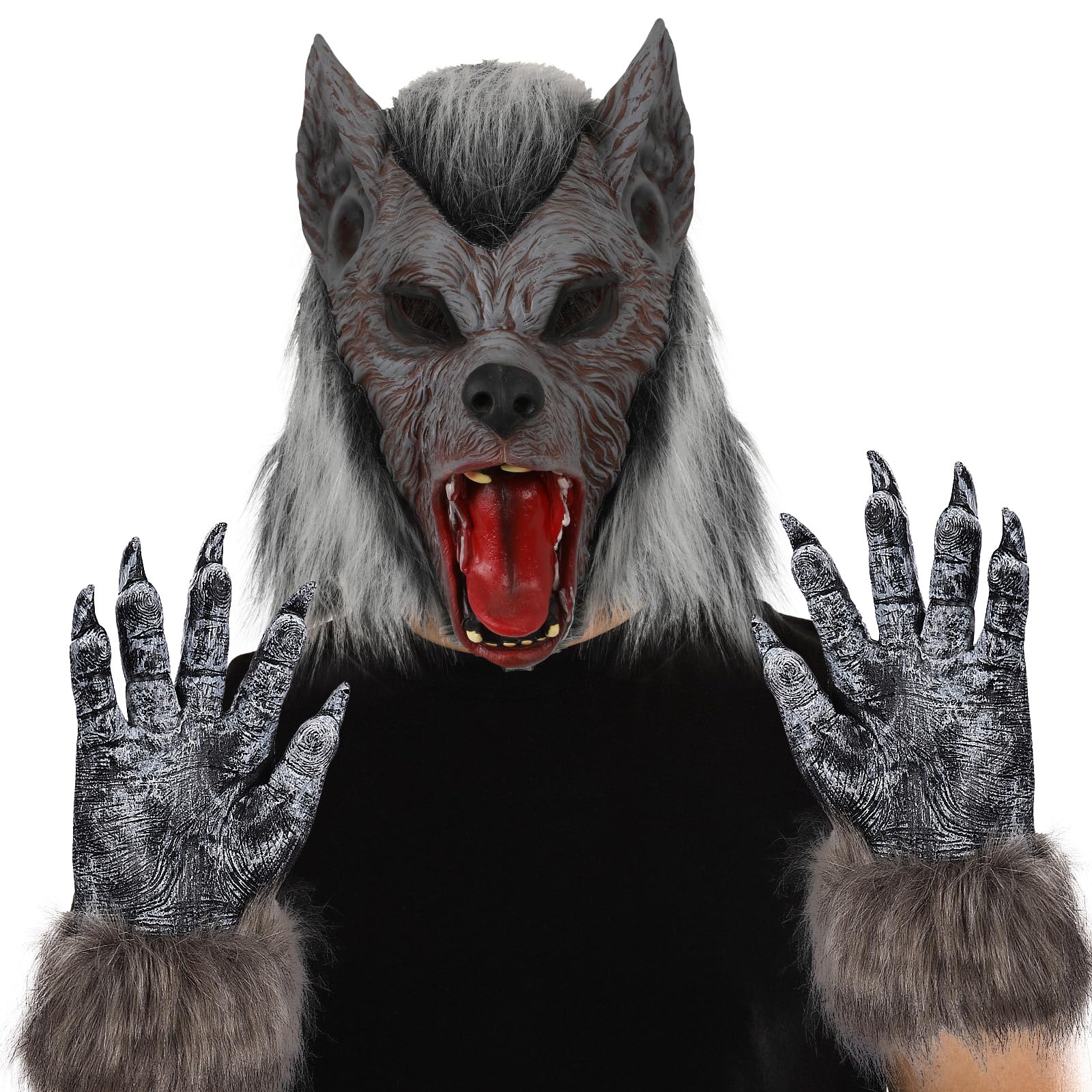 2PCS Scary Wolf Mask Adult Werewolf Big Bad Wolf Claws Costume Men Full Head Latex Horror Creepy Outfit Gift for Halloween
