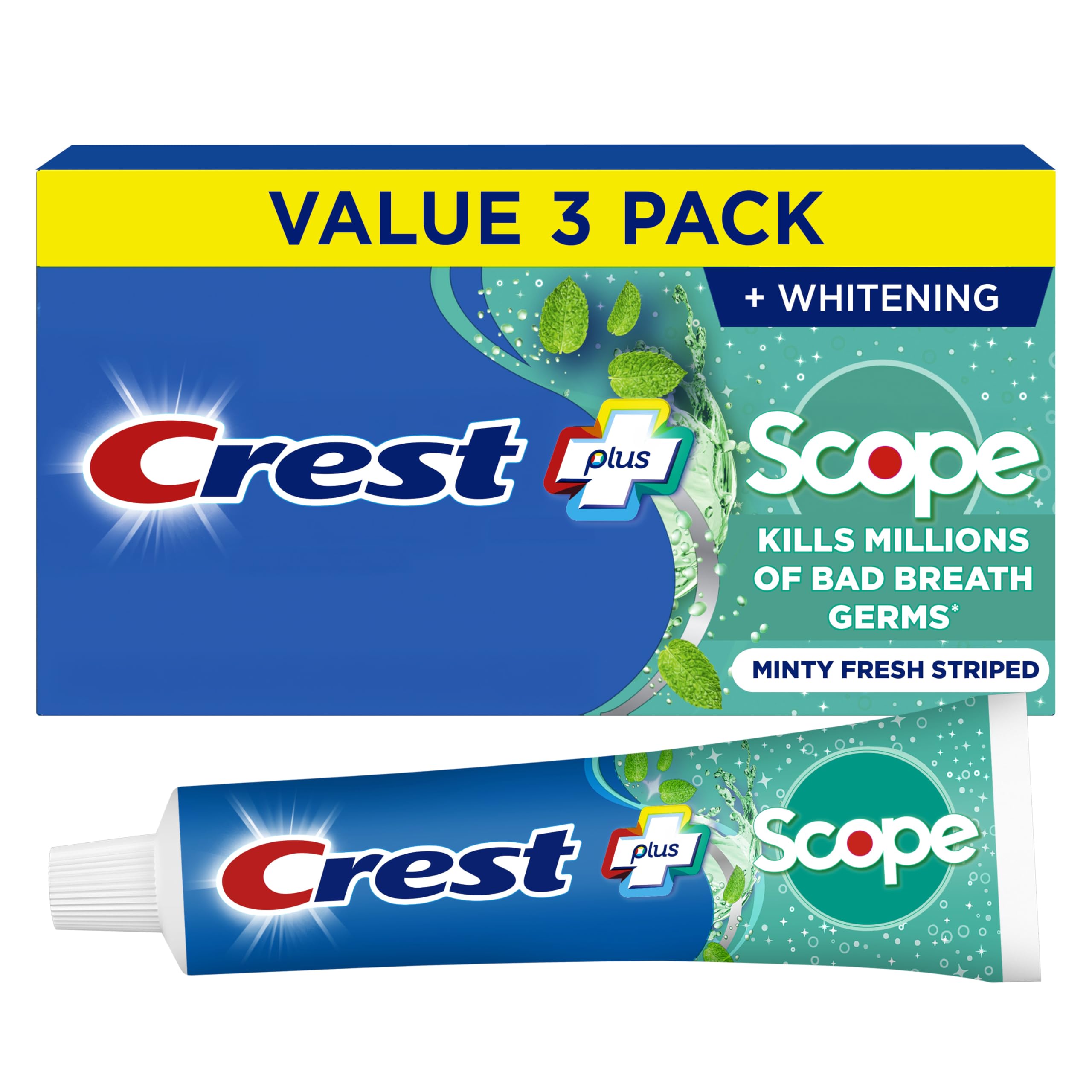 Scope Whitening Toothpaste - Pack of 3, 5.4 Oz Tubes - Anticavity Fluoride Toothpaste, Fresh Breath, Kills Germs - Tartar Protection, Enamel Protection - Minty Fresh Flavor