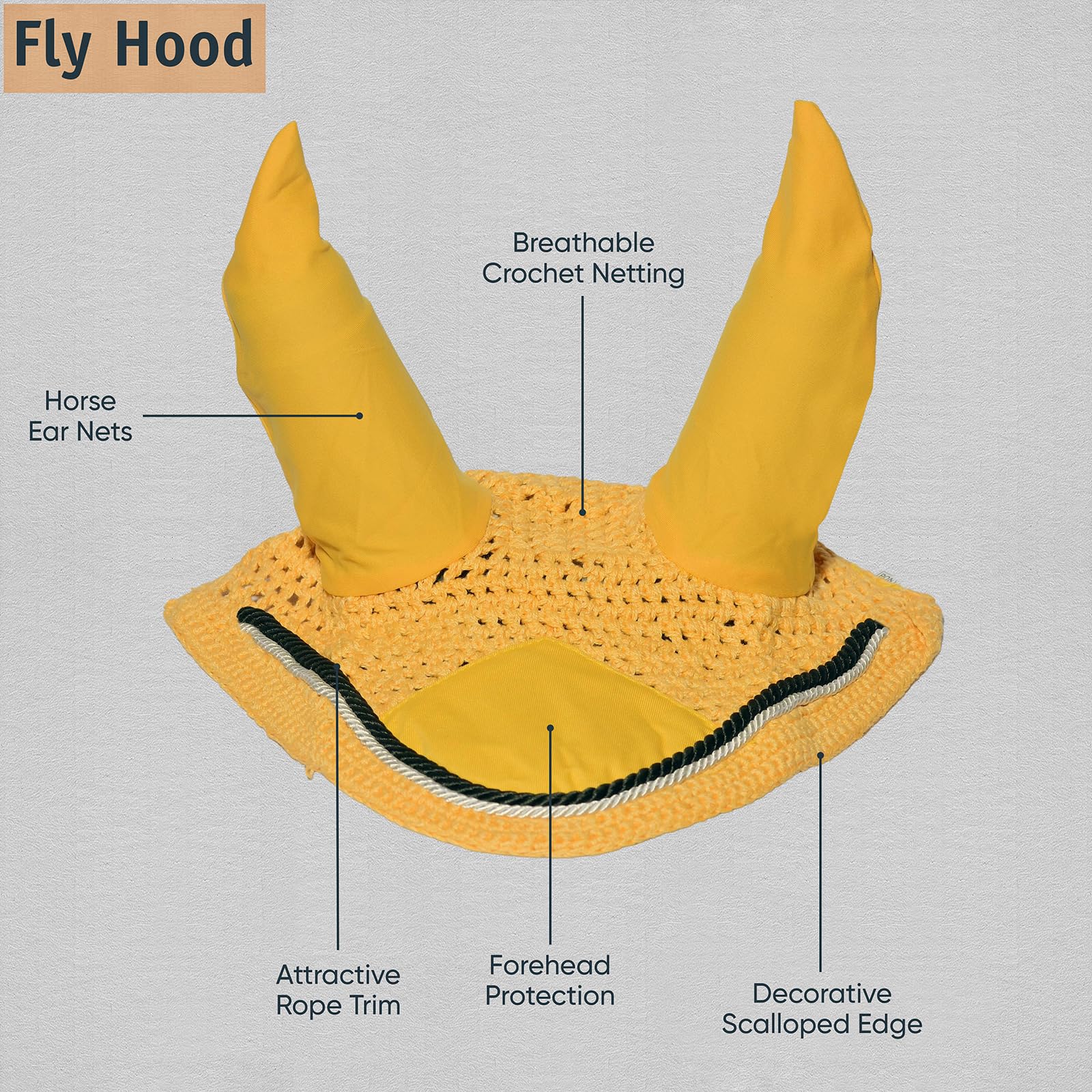 Spire Voile de protection pour cheval en coton respirant doux au crochet - Masque de protection contre les mouches (complet, jaune/noir/blanc)
