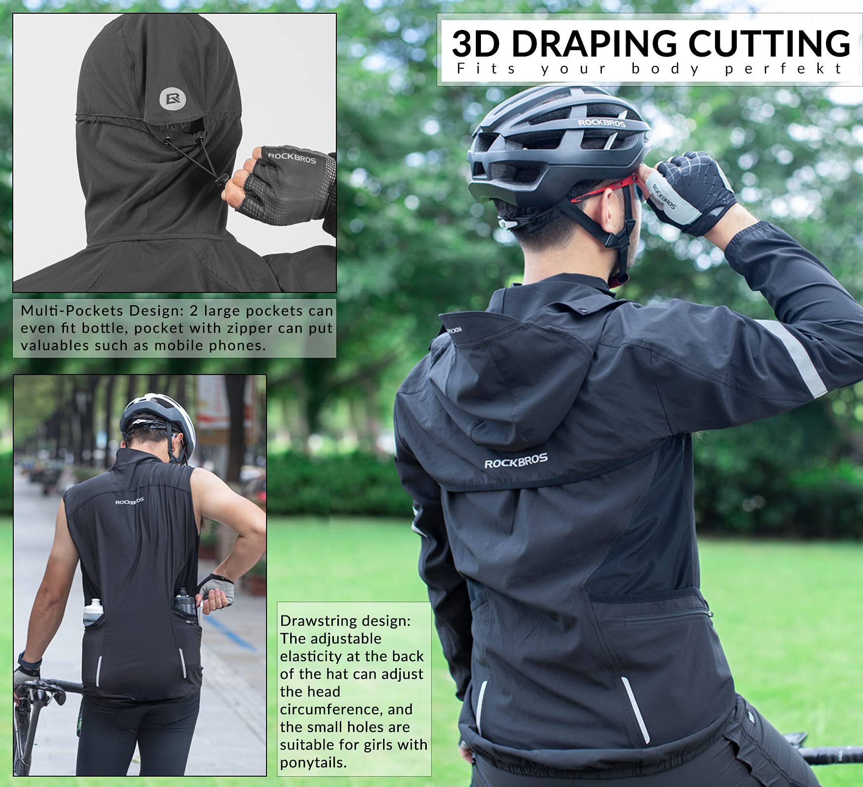 ROCKBROS Veste Homme VTT 3 en 1 Capuche, Veste Cyclisme Sans Manches Léger Respirant Réfléchissant Longue Noir M-4XL