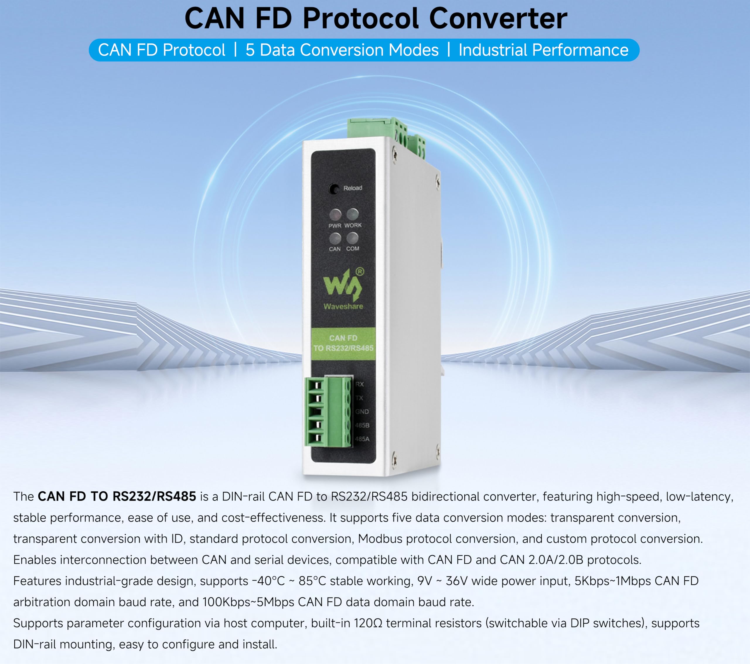 Convertidor industrial CAN FD, CAN FD a RS232/RS485 comunicación de datos bidireccional, soporta 5 modos de conversión de datos y protocolos CAN 2.0A/2.0B, soporte de montaje en riel