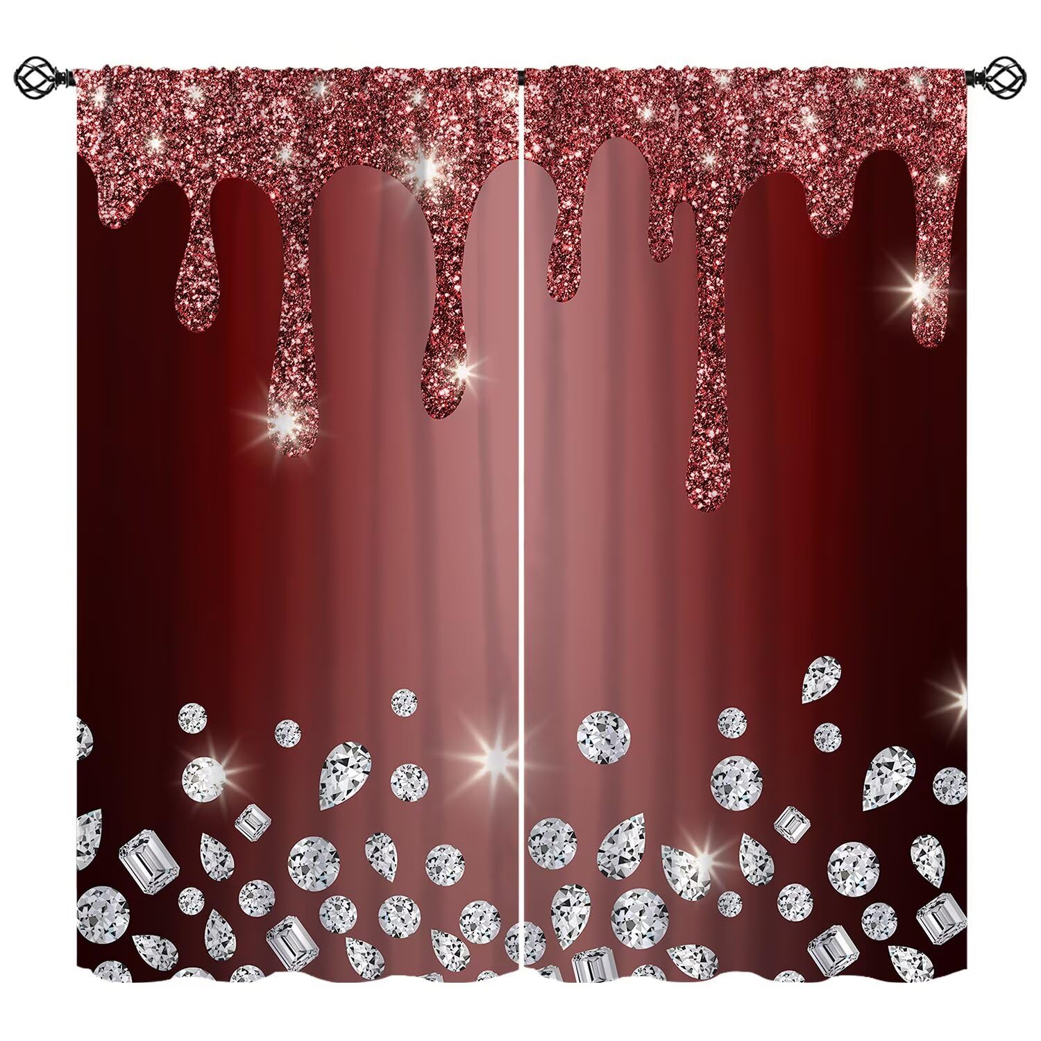 Glitter Diamond Wine Red Curtain Sparkle Shimmer Bling Sparkly Window Treatments Luxury Burgundy Shiny Drip Modern Window Drapes (No Glitter) for Bedroom Living Room W63xL63in