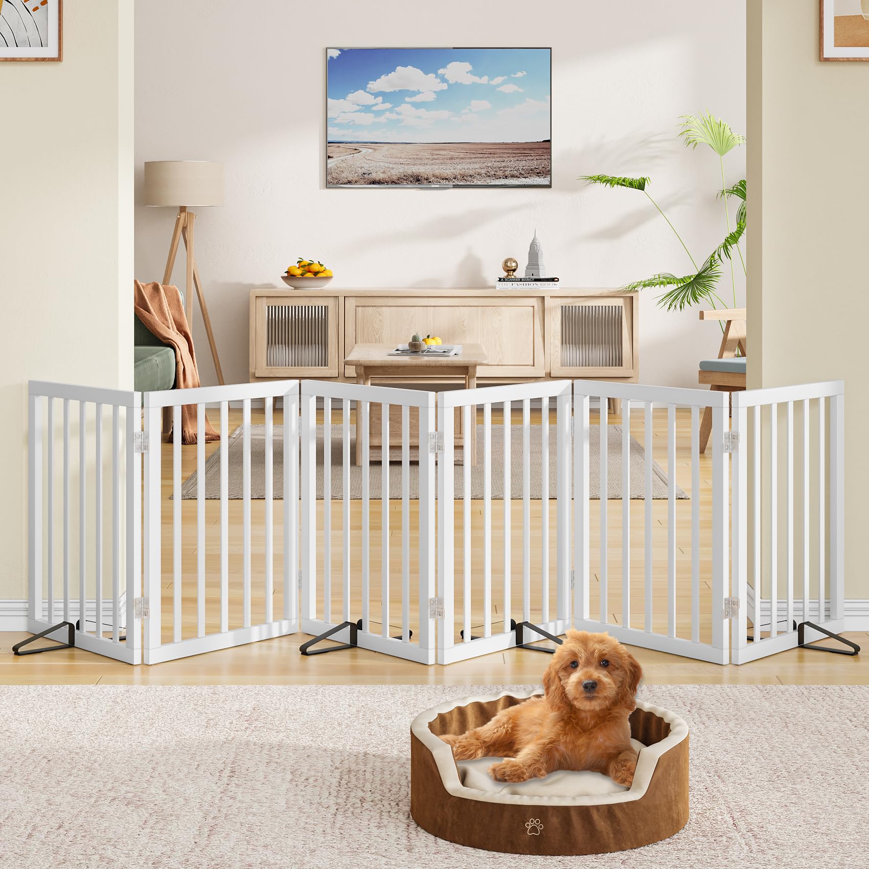 Freestanding Pet Gate Foldable Dog Gate,Walnut Bamboo Dog Gates for Stairs Doorways House Indoor (2 Support Feet Included) — view 33