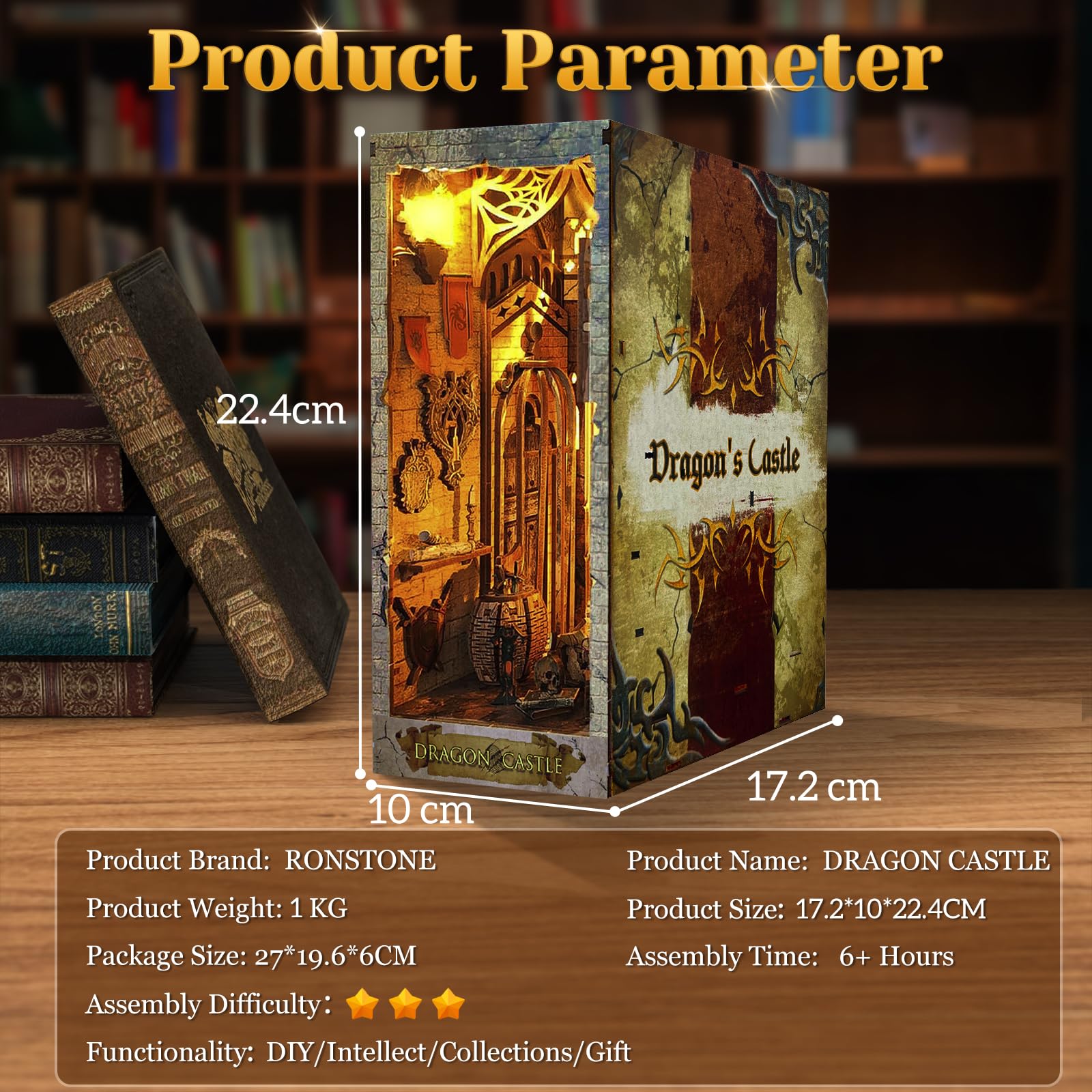 RONSTONE DIY Book Nook Kit - Casa Delle Bambole in Miniatura Regalo per la Creatività dai 14 anni in su - Inserto per Libreria a Puzzle in Legno 3D con Luce LED