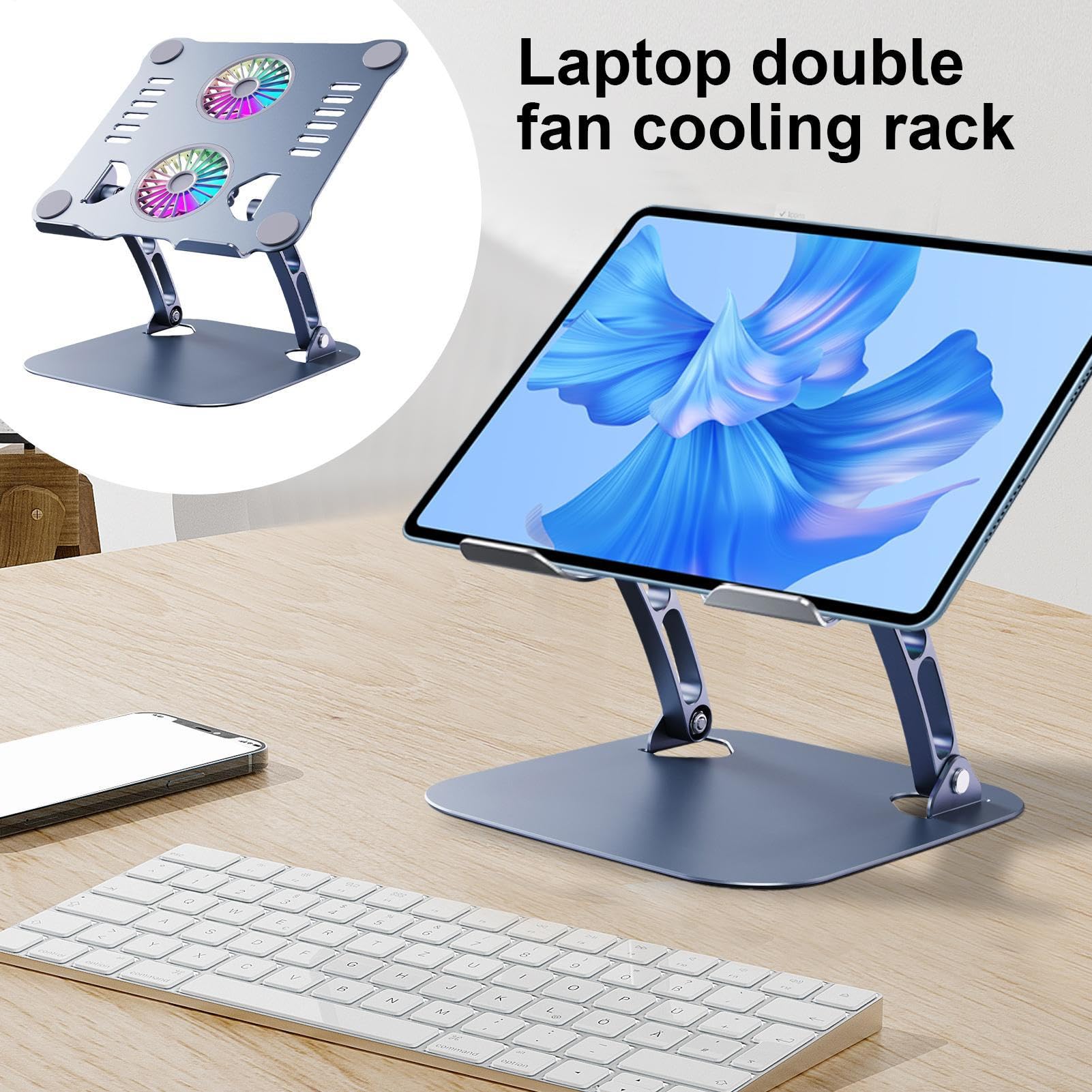 Wentylator stoj?cy laptopa, regulowana podk?adka ?odz?ca | sk?adana ergonomiczna podpórka, metalowa wentylowana podpórka do zapobiegania przegrzaniu, podró? do domu i do u?ytku w ?ó?ku