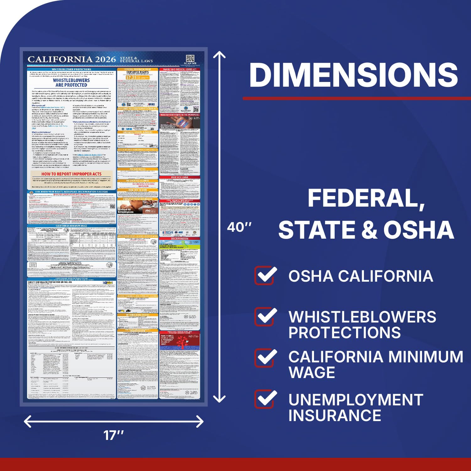 COMPLIANCE AUDIT CENTER Póster 2022 de las leyes laborales estatales y federales de California, cumple con la OSHA, 24 x 36 pulgadas, publicación requerida todo en uno, laminado (póster de la ley