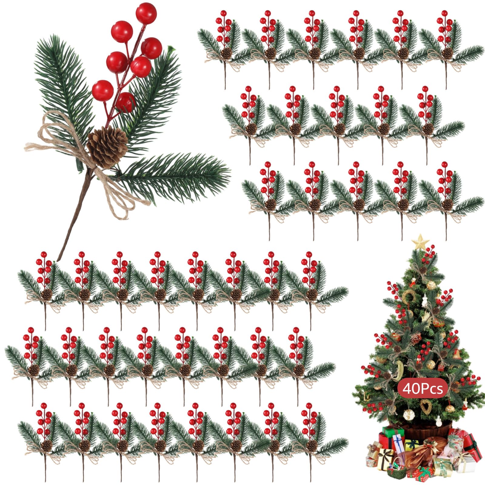 40 STK. Tannenzapfen- und rote Beeren-Picks, Kiefernnadelzweige Weihnachtsdeko, realistische Tannenzapfen, künstliche immergrüne Zweige, Weihnachtsornamente für Festdeko, Blumen, DIY-Kranz