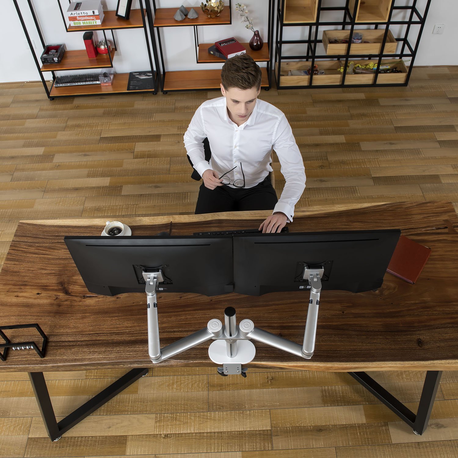 ThingyClub® Adjustable Aluminium Universal Full Motion Desk Mount Arm Stand Bracket (Dual Monitors - Silver)