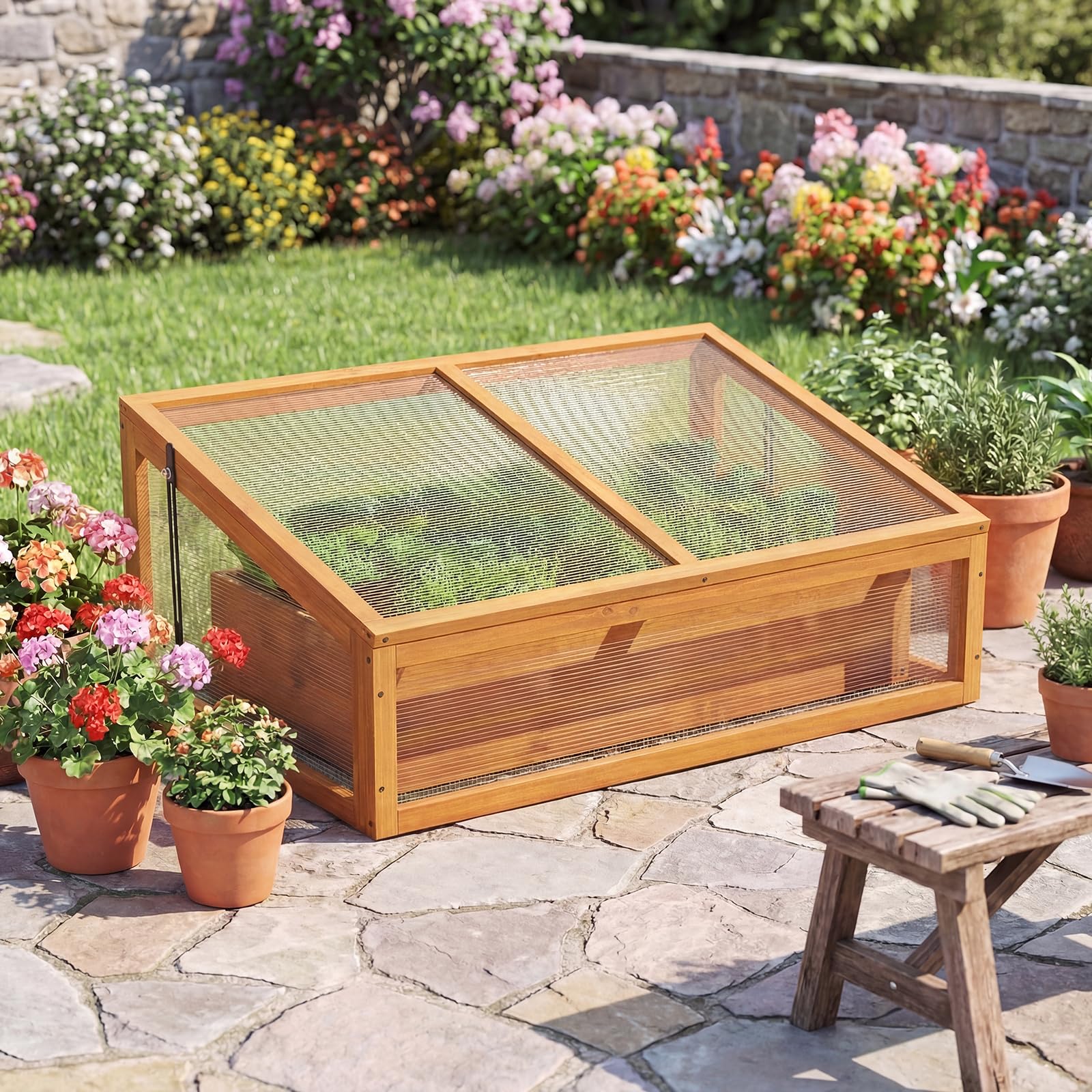 GYMAX Serre de Jardin en Bois, 94 x 63 x 40 cm, Jardinière de Culture de Plantes avec Panneaux Transparents, Toit Rabattable, Protection Hivernale Intérieure et Extérieure pour Balcon (Orange)