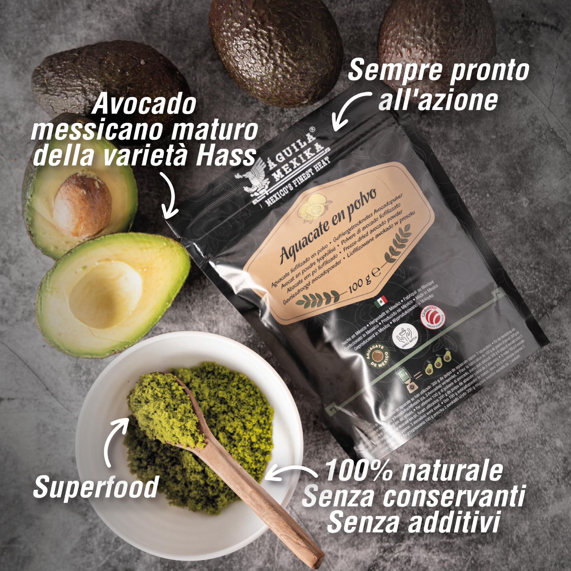 ÁGUILA MEXIKA | Avocado in polvere (liofilizzato) | da avocado Hass messicani | Aggiungi il potere nutrizionale dell'avocado ai tuoi piatti, ovunque ti trovi.