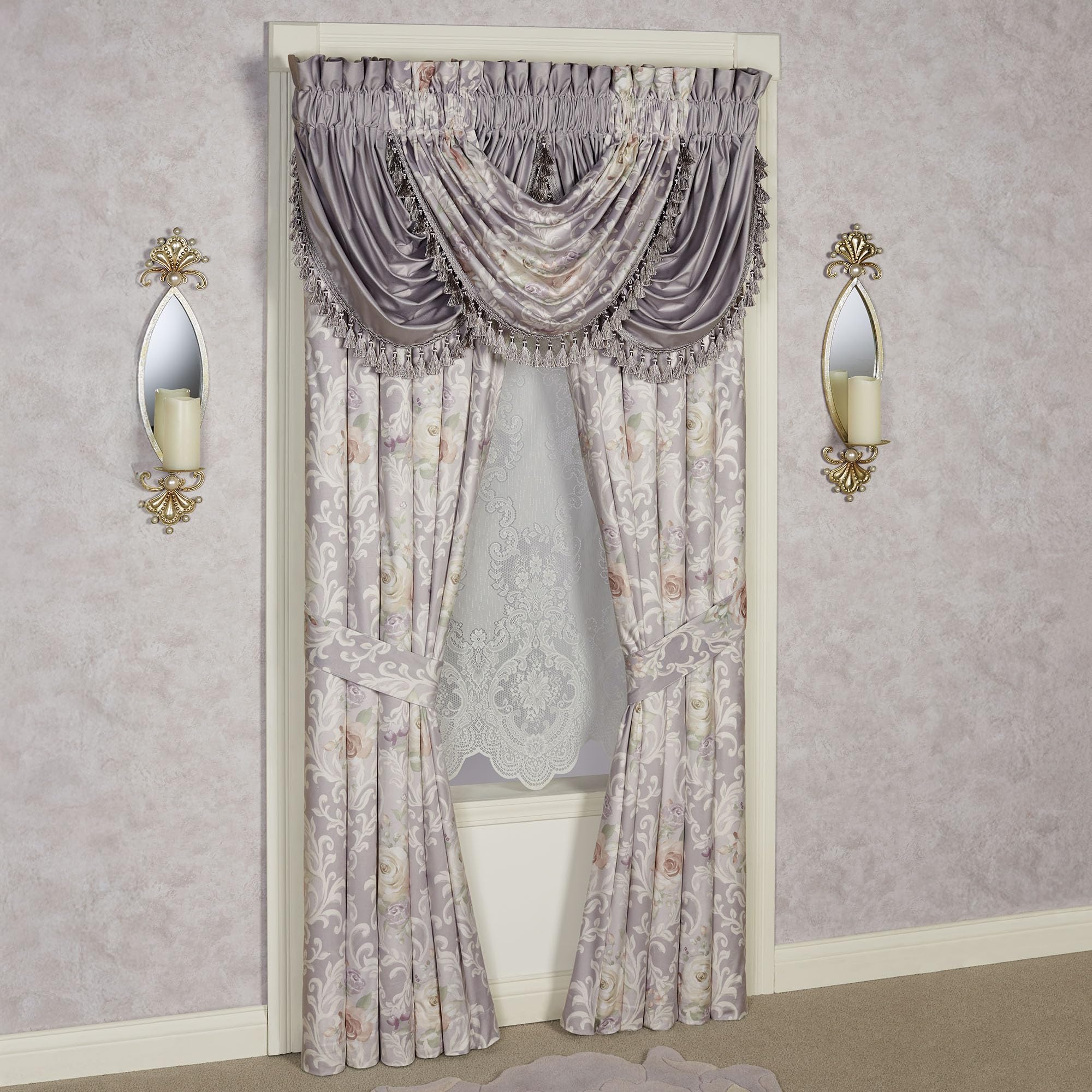 Romantica Luxury Window Treatment | Rod Pocket | Floral Damask | Blush, Lavender, Ivory | Polyester Velvet | 4 Pc Window Set: 84L Curtain Panel Drapery Pair, 1 Floral and 2 Solid Waterfall Valances