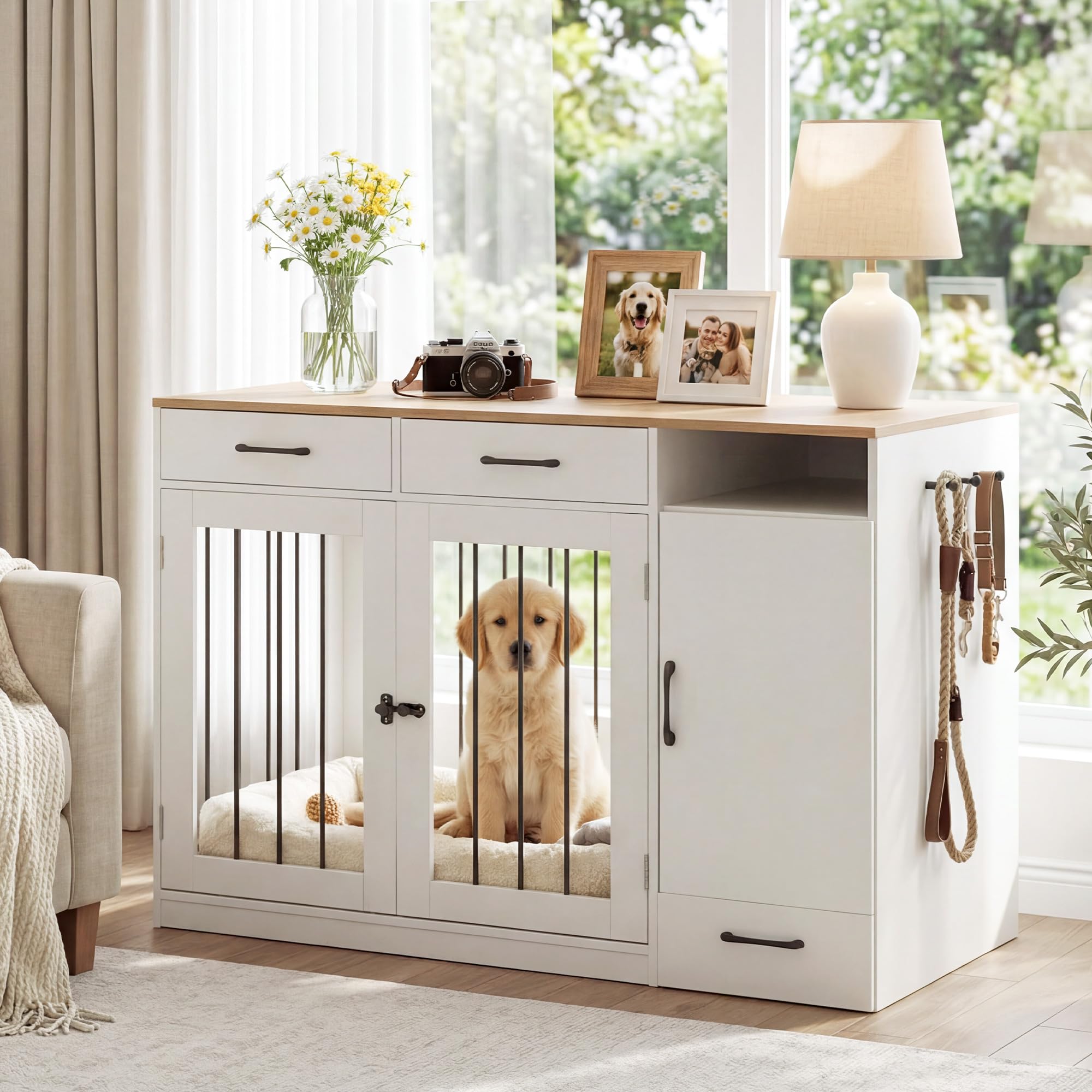 CLIPOP Hundekäfig Möbel, hundebox für zuhause, 125x60x88cm, Abschließbare Hundehütte, Moderne hundebox Holz Indoor, mit Schublade und Hundenapf, Vintagebraun und Weiß