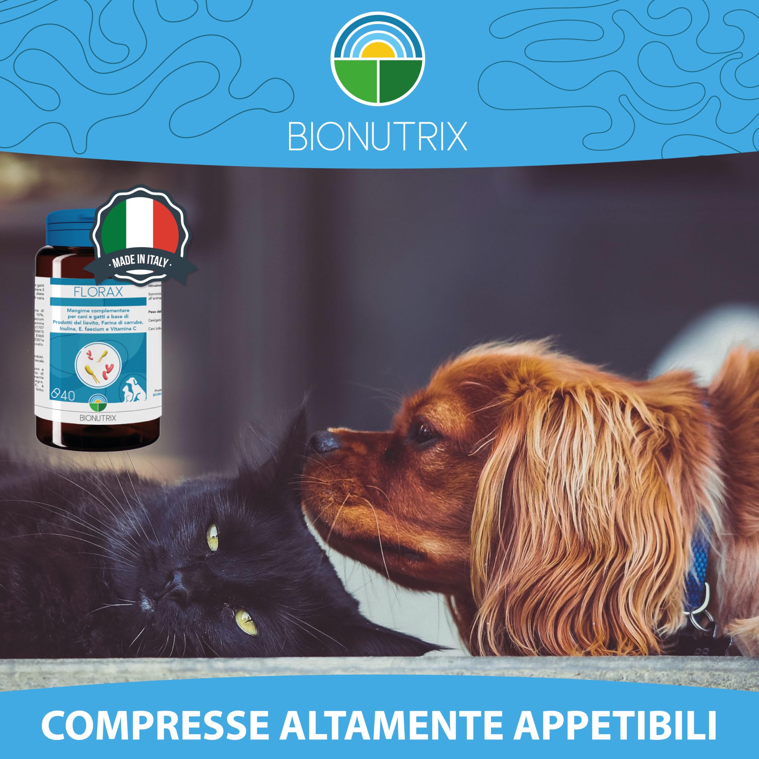 FLORAX | Probiotico per Cane e Gatto | 40 CPR Appetibili | Alto Dosaggio | Integratore Alimentare | Ripristino Flora Intestinale | MOS, E.faecium, Farina di Carrube, Inulina e Vitamina C | BioNutrix ®