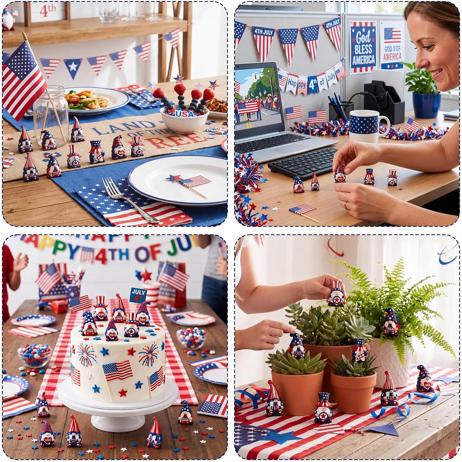 DoubleFill 60 Pcs Mini 4th of July Gnome Statues 5 Styles for 250th Anniversary and Patriotic Theme Resin Gnomes Miniature Figures Party Favors Independence Gifts Home Table Landscape Decor