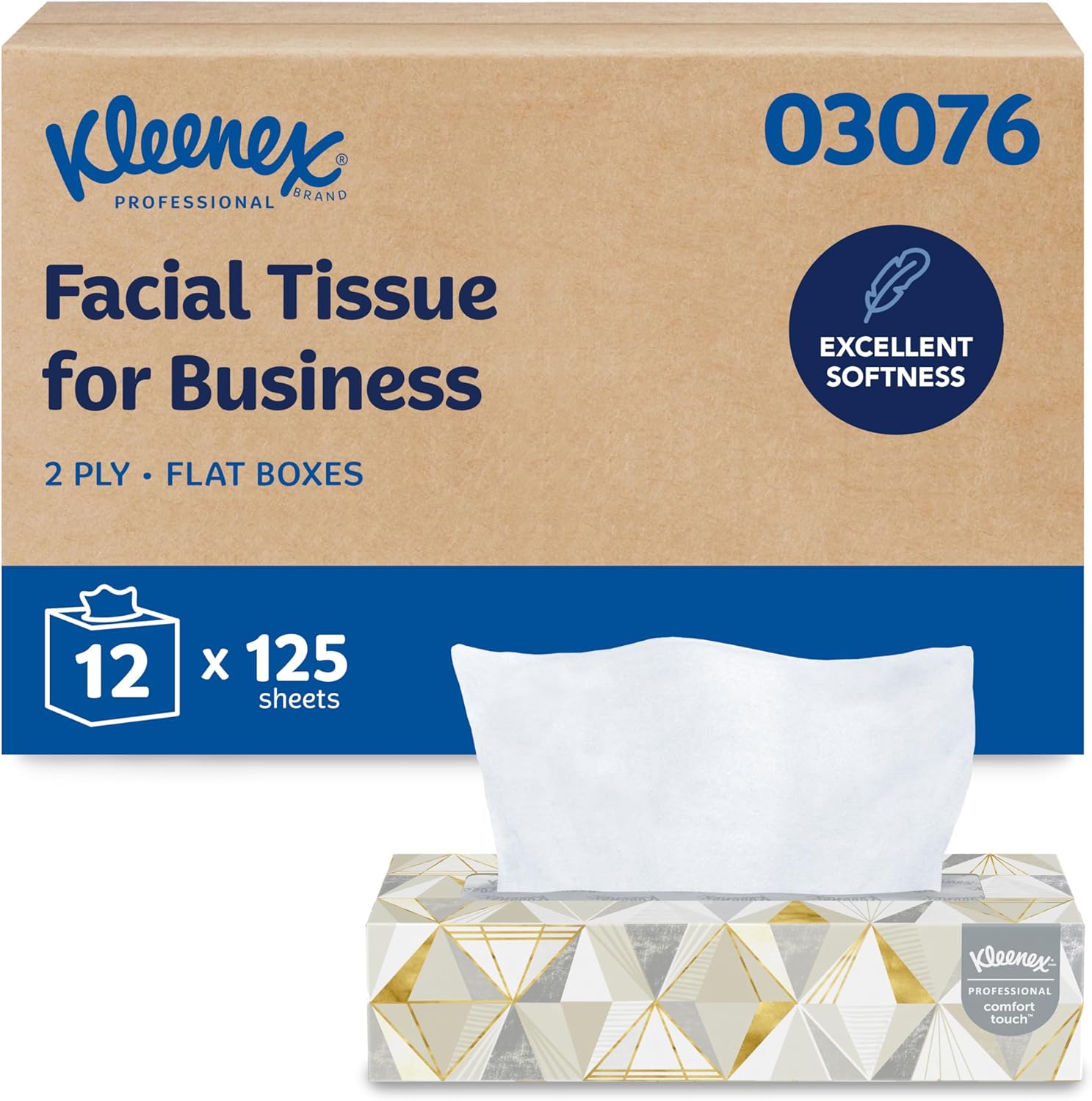 Kleenex® Professional Facial Tissue, Bulk (03076), 2-Ply, White, Flat Facial Tissue Boxes for Business, Convenience Case (125 Tissues/Box, 12 Boxes/Case, 1,500 Tissues/Case)