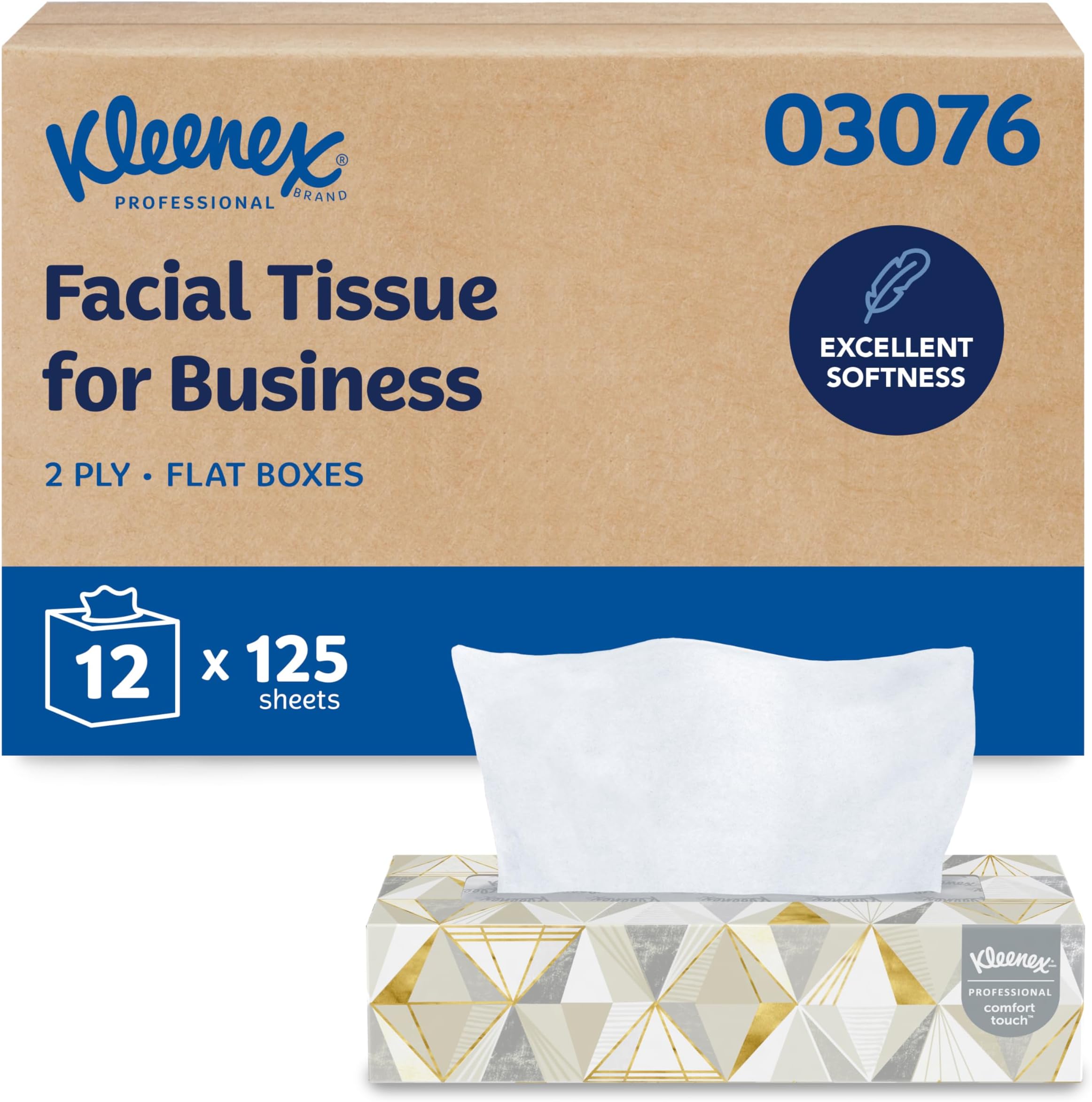 Professional Facial Tissue, Bulk (03076), 2-Ply, White, Flat Facial Tissue Boxes for Business, Convenience Case (125 Tissues/Box, 12 Boxes/Case, 1,500 Tissues/Case)