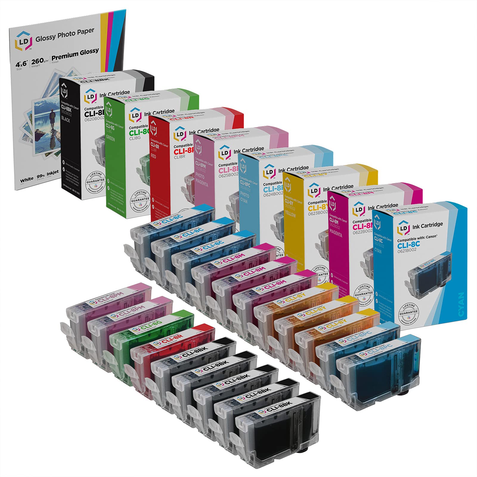 LDProducts Compatible Ink Cartridge Replacement for Canon CLI8 (5 Black, 3 Cyan, Magenta, Yellow, 2 Photo 1 Red, Green, 20-Pack) See List of Pixma Printers