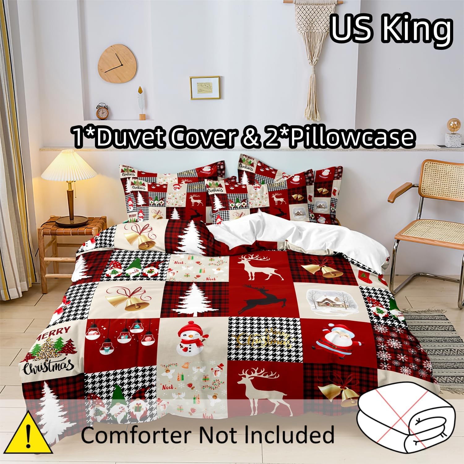 Christmas Duvet Cover King Size, Floral Wreath Comforter Cover Holiday Decoration Theme Bedding Set with Zipper Closure Printed Quilt Cover (1 Duvet Cover + 2 Pillowcase)