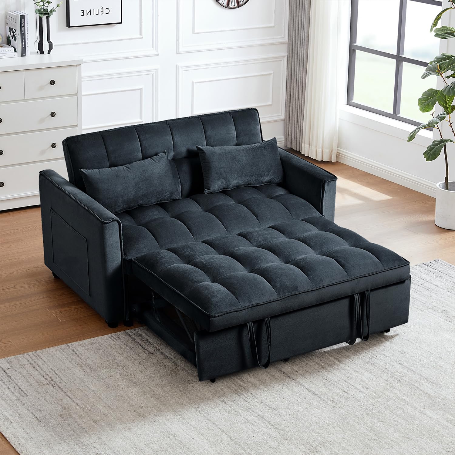 3 in 1 Convertible Sleeper Sofa Bed 54 Full Size Velvet Pull Out Futon Couch Recliner with Reclining