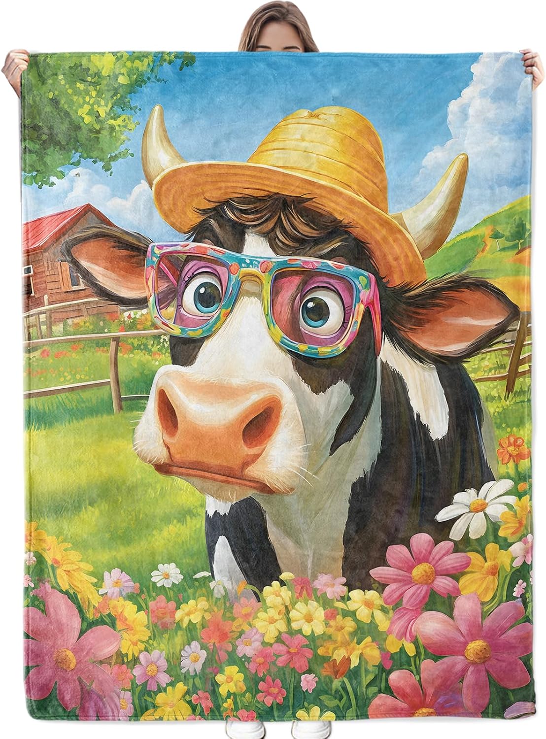 Quirky Cow in Glasses Blanket Soft Cozy Flannel Throw Blanket, Warm Lightweight Fun Cartoon Cows in Flowers Blankets for Travel, Couch, Bed, for Kids Women Girls, Outdoor Comfort Wrap 60"×50"