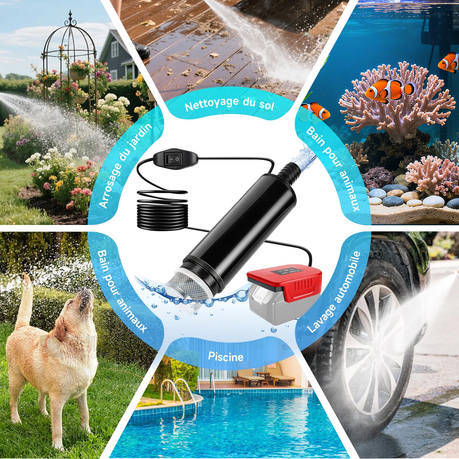 Pompe Submersible Compatible avec Einhell 18V Batterie,120W, 12V, 30 L/min Mini Pompe à Eau, Pompe de Jardin Portable de 4,5 m pour Récupérateur d'Eau de Pluie, Bassin, Arrosage (Batterie Non Incluse)