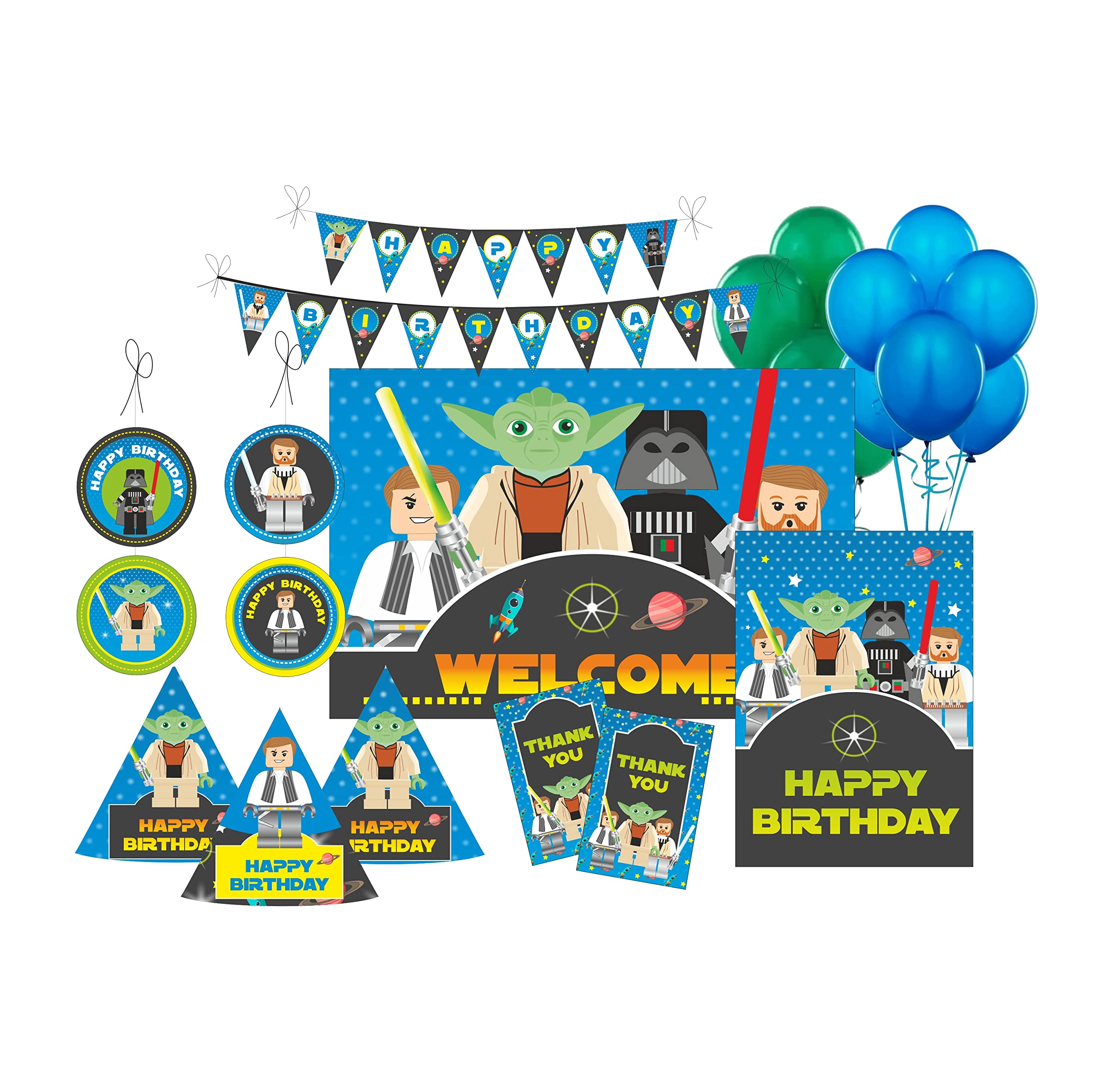 Pretty UR Party Star Wars Party decorations Kit - 80 pcs includes Bunting, balloons, thank you, centerpiece, danglers, Caps, Jedi Party Supplies, Star War Birthday Decor, DIY décor Pack for kids