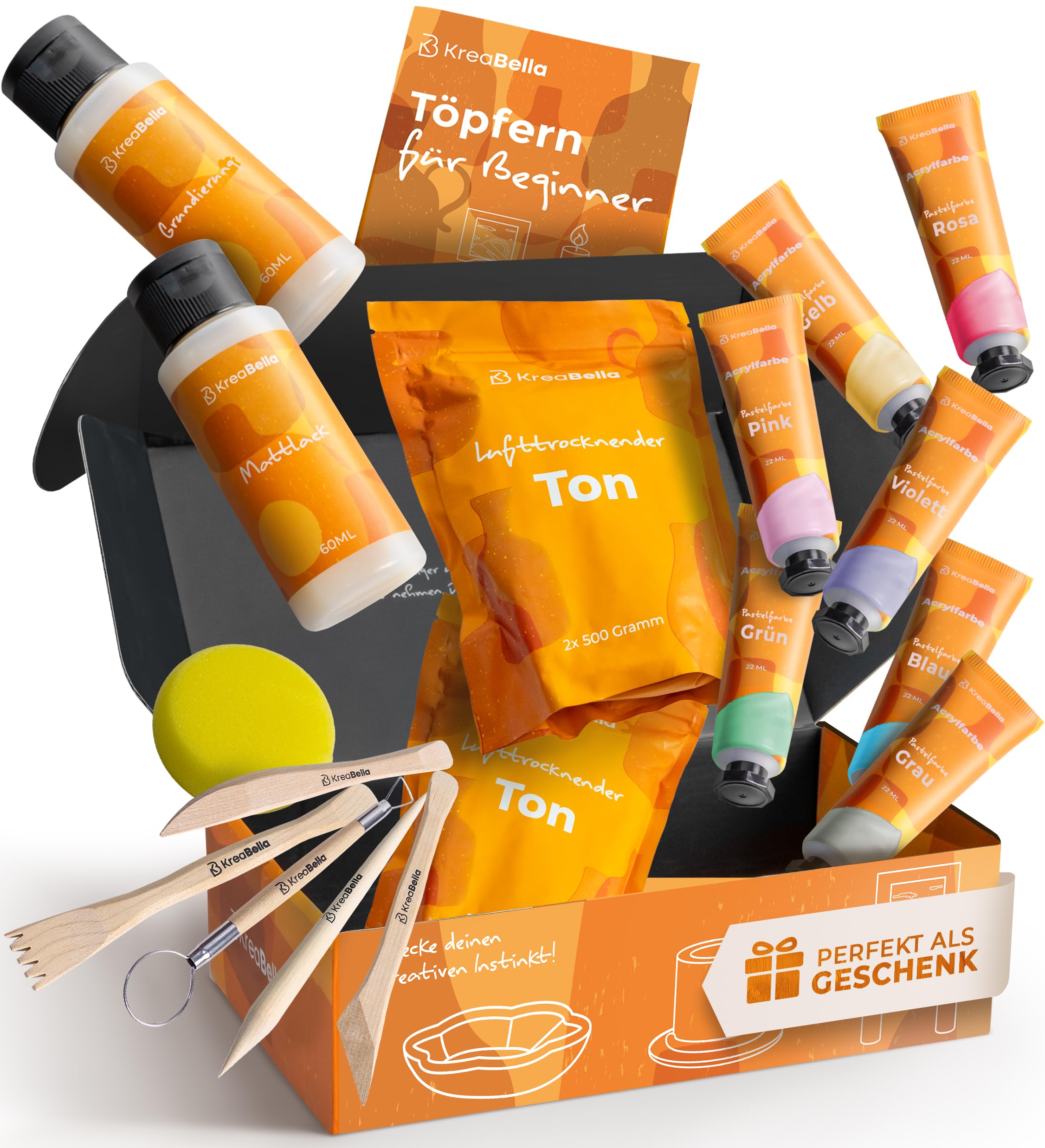 Töpferset - DIY töpfern für Zuhause, Lufttrocknender Ton zum basteln, selbsttrocknender Ton, Trockenton-Set zum kreativ Töpfern, Keramik Kreativset, Tonset ohne Brennen, Geschenke