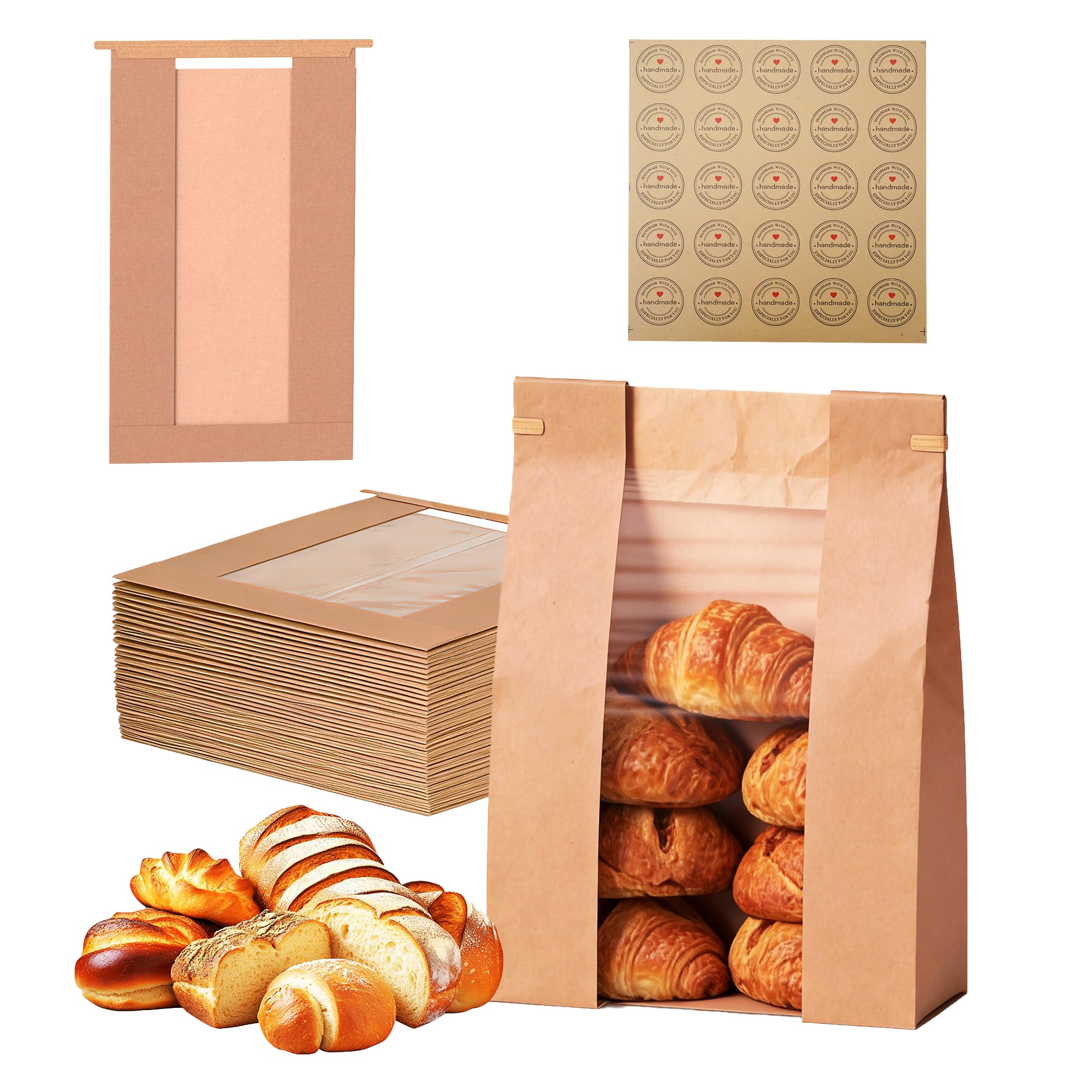 Effiq-Rate Brown 100Pcs Bulk Sourdough Bread Bags 35X9x21cm, Thickened Kraft Paper Bread Bag For Food With Clear Window, Large Bakery Bags With Tin Tie Closure And Stickers For Baguette, Toast, Cookie